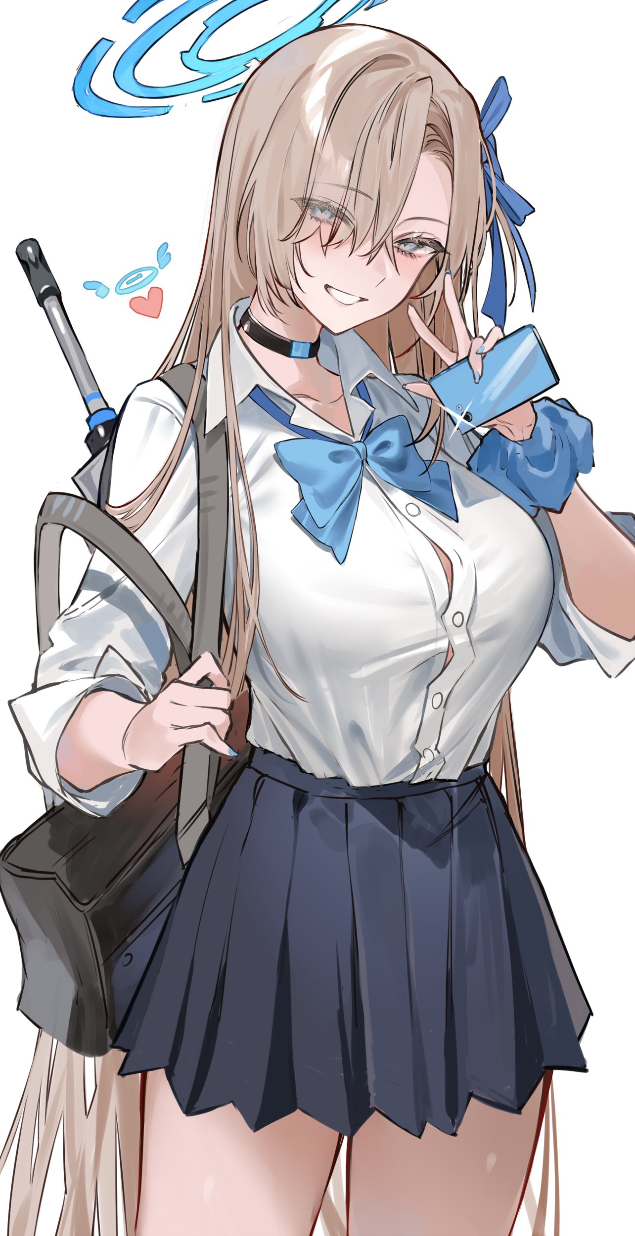 1girl absurdly_long_hair absurdres asuna_(blue_archive) bag blue_archive blue_bow blue_bowtie blush bow bowtie breasts button_gap fingernails gyaru hair_over_one_eye halo heart highres holding holding_phone ichinosenen kogal large_breasts light_brown_hair long_hair looking_at_viewer loose_bowtie nail_polish phone pleated_skirt school_bag school_uniform scrunchie shirt shirt_tucked_in simple_background skirt smile solo straight_hair tented_shirt very_long_hair w white_background white_shirt wrist_scrunchie