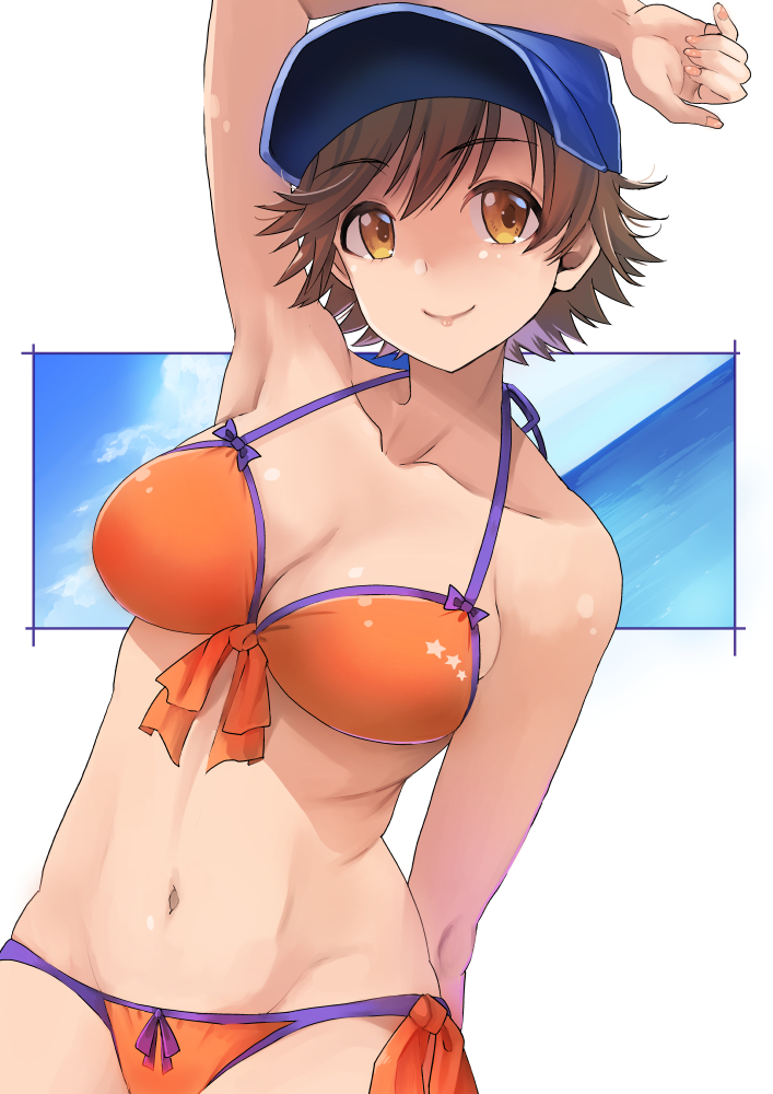 1girl arm_on_head baseball_cap bikini blue_headwear breasts brown_eyes brown_hair cleavage collarbone front-tie_bikini_top front-tie_top hat honda_mio idolmaster idolmaster_cinderella_girls large_breasts leaning_to_the_side looking_at_viewer navel orange_bikini revision shiroyukimajima short_hair side-tie_bikini_bottom solo star_(symbol) star_print stomach swimsuit