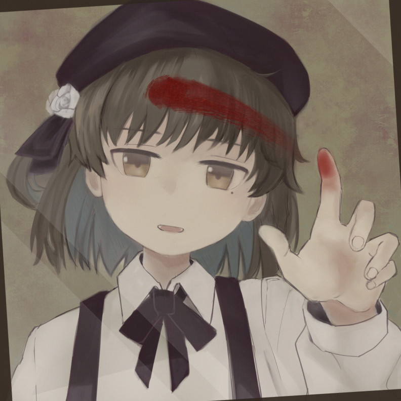1girl against_fourth_wall archived_source beret black_headwear black_ribbon blood blood_on_hands border brown_background brown_border brown_hair collared_shirt colored_inner_hair flower grey_hair hair_flower hair_ornament hair_ribbon half-closed_eyes hand_up hat hatoba_tsugu head_tilt index_finger_raised kakashika light_smile looking_at_viewer mole mole_under_eye multicolored_hair neck_ribbon no_sclera open_mouth ribbon rose shirt single_hair_ring smeared_blood solo third-party_source tsugu_(vtuber) upper_body virtual_youtuber white_flower white_rose white_shirt