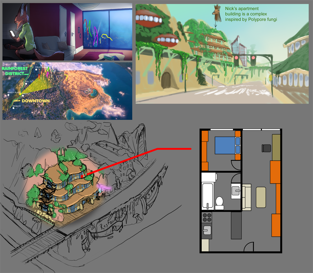 anthro apartment book canid canine city concept_art disney door floor_plan fox furniture looking_at_object looking_at_phone male mammal map nick_wilde phone robcivecat rug sofa solo street table text traffic_light window zootopia