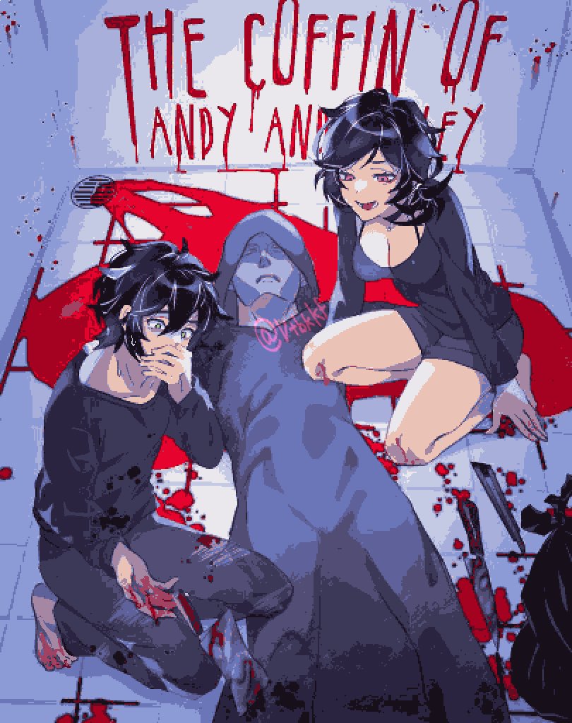 1boy 1girl andrew_graves ashley_graves black_robe black_shirt black_shorts blood blood_on_hands breasts cleaver corpse covering_mouth english_text gasp green_eyes hood kneeling pink_eyes robe shirt shorts siblings the_coffin_of_andy_and_leyley