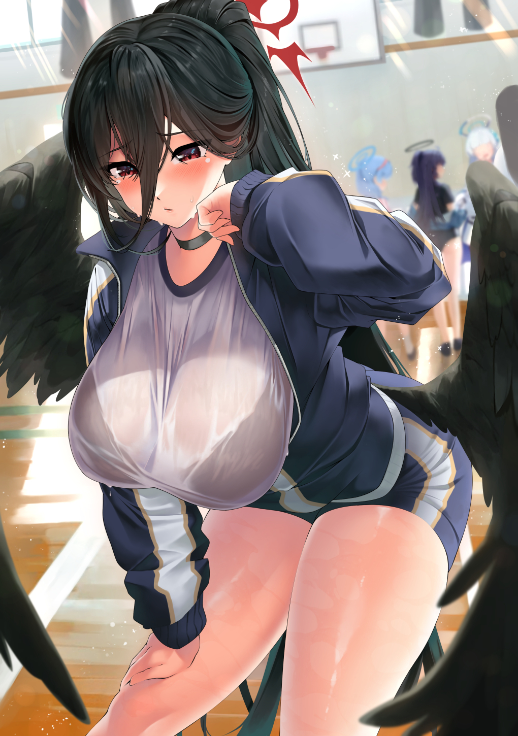 4girls ako_(track)_(blue_archive) basketball_hoop black_bra black_choker black_hair black_wings blue_archive blue_shorts blurry blurry_background blush bra bra_visible_through_clothes breasts choker feathered_wings feet_out_of_frame gym_shirt gym_uniform hair_between_eyes halo hand_on_own_thigh hasumi_(blue_archive) hasumi_(track)_(blue_archive) highres huge_breasts indoors jacket kawai_(purplrpouni) leaning_forward long_bangs long_hair multiple_girls noa_(blue_archive) ponytail red_eyes red_halo shirt shorts solo_focus sweat sweaty_clothes track_jacket underwear very_long_hair wet wet_clothes wet_shirt wings yuuka_(blue_archive) yuuka_(track)_(blue_archive)