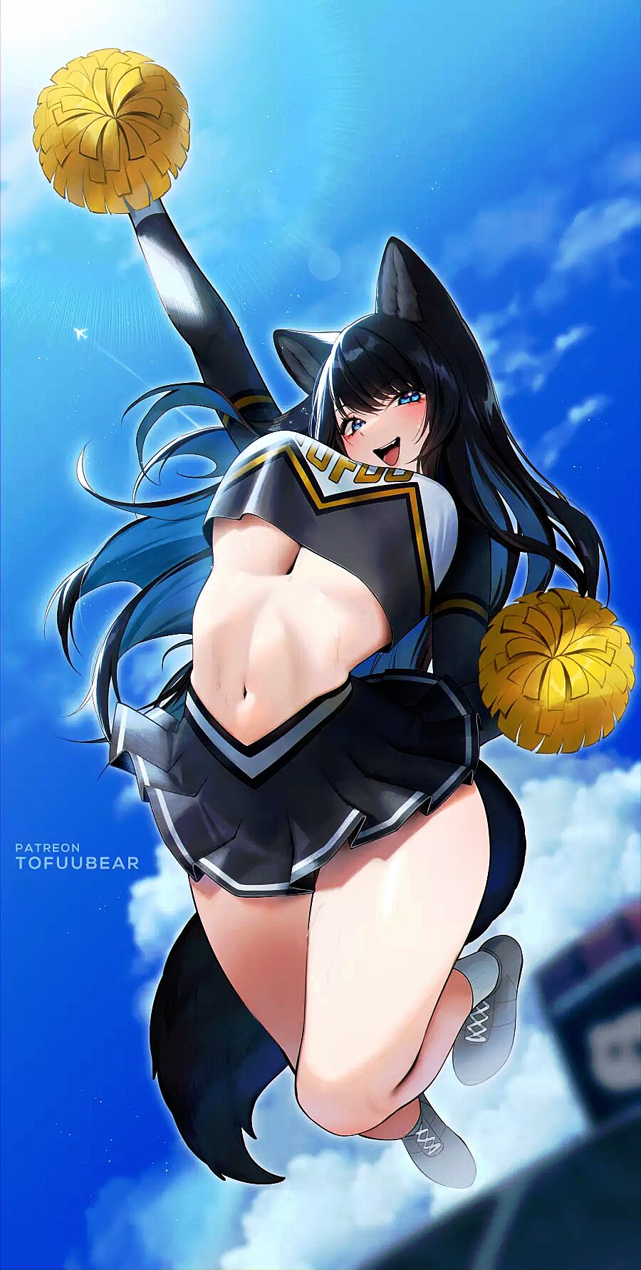 animal_ear_fluff animal_ears breasts cheerleader cheerleader_outfit cheerleading_pose cloudscape female hi_res humanoid jumping looking_at_viewer midriff navel pom_poms reiko_(tofuubear) sky solo tofuubear under_boob