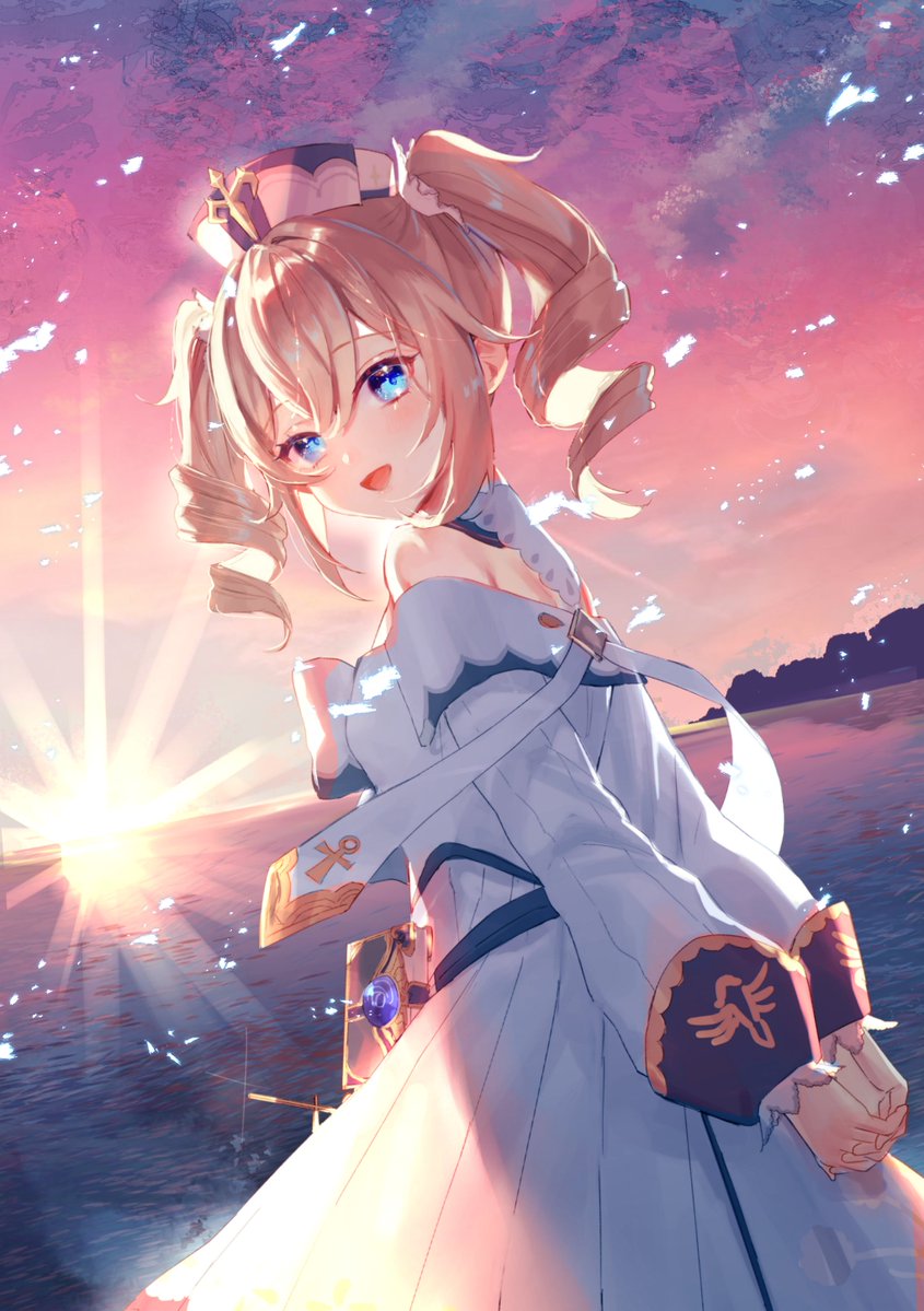 1girl arms_behind_back back barbara_(genshin_impact) bare_shoulders blonde_hair blue_eyes blue_gemstone bow breasts bush cloud cloudy_sky cross_print dress from_behind gem genshin_impact gold_trim gradient_sky hair_between_eyes harushio hat hat_ornament long_hair long_sleeves looking_at_viewer looking_back medium_breasts ocean off-shoulder_dress off_shoulder open_mouth outdoors own_hands_together pink_sky puffy_long_sleeves puffy_sleeves purple_sky reflection sky smile solo sparkle standing sun sunlight sunset tongue twintails vision_(genshin_impact) water white_bow white_dress white_headwear