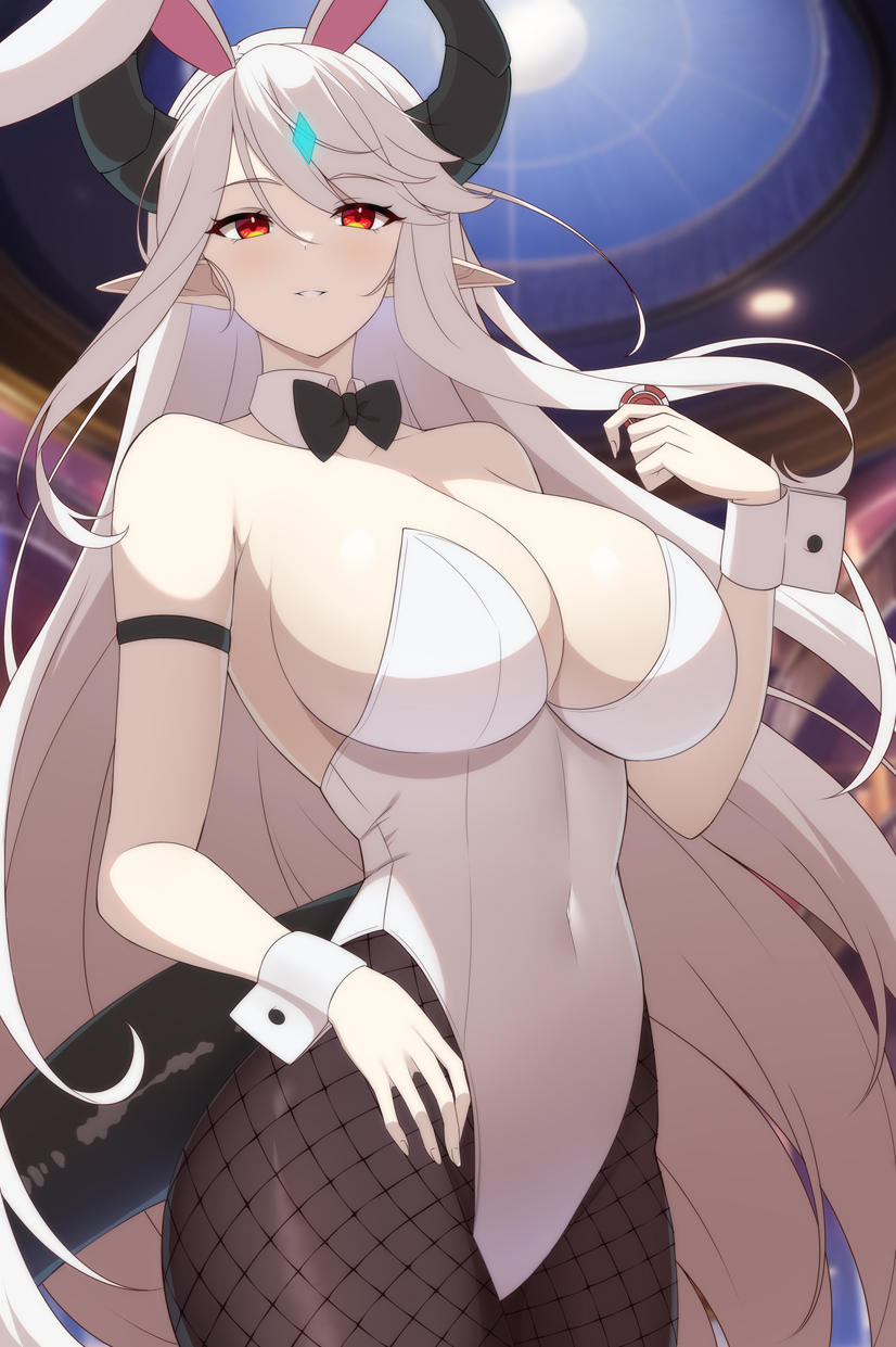 1girl animal_ears black_bow black_bowtie bow bowtie breasts cleavage detached_collar dragon_horns dragon_tail epic_seven fishnet_pantyhose fishnets forehead_jewel highleg highleg_leotard highres horns large_breasts leotard long_hair looking_at_viewer luna_(epic_seven) pantyhose playboy_bunny pointy_ears poker_chip rabbit_ears red_eyes rin_ateria smile tail very_long_hair white_hair white_leotard wrist_cuffs