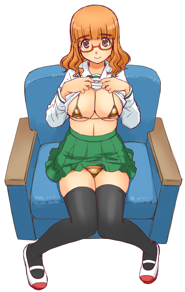 1girl bikini bikini_under_clothes black_thighhighs blunt_bangs breasts brown_eyes chair cleavage clothes_lift from_above girls_und_panzer glasses gold_bikini green_skirt knees_together_feet_apart large_breasts lifted_by_self long_hair looking_at_viewer micro_bikini on_chair ooarai_school_uniform orange_hair panties pantyshot red-framed_eyewear school_uniform semi-rimless_eyewear serafuku shirt_lift shoes simple_background sitting skirt smile solo swimsuit takebe_saori thighhighs underwear uona_telepin uwabaki wavy_hair white_background
