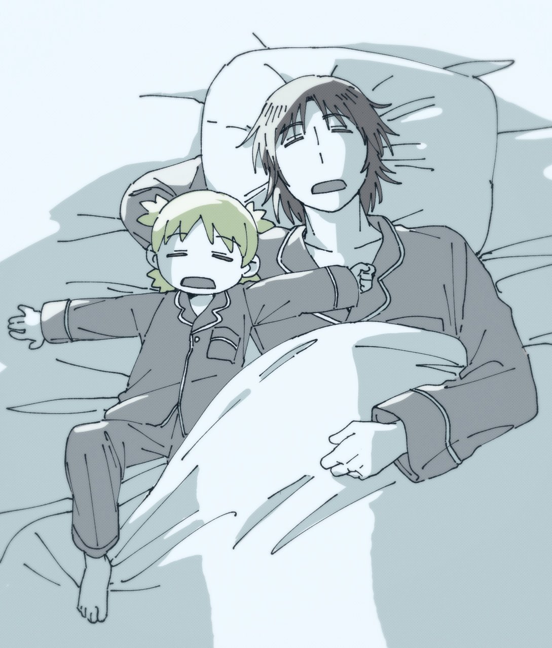 1boy 1girl barefoot bed_sheet black_hair closed_eyes collared_shirt father_and_daughter from_above green_hair highres koiwai_yotsuba long_sleeves lying marutei2 mr._koiwai on_back on_bed open_mouth outstretched_arms pajamas pants pillow quad_tails shirt short_hair sleeping under_covers yotsubato!