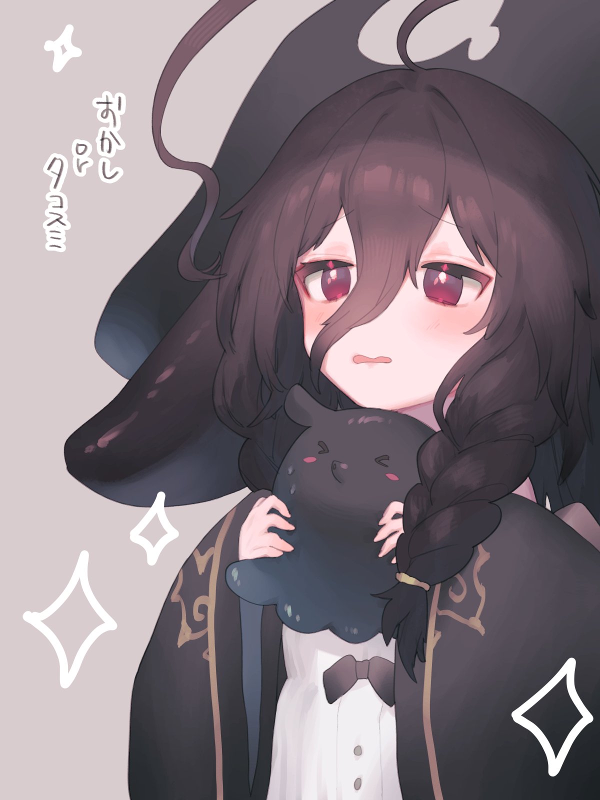 &gt;o&lt; 1girl ahoge animal azur_lane black_coat black_hair black_headwear braid coat dress grey_background hands_up hat highres holding holding_animal huge_ahoge long_bangs long_sleeves maesakichitose open_mouth pirate_hat red_eyes simple_background sketch star_(symbol) tentacle_hair tentacles torn_clothes torn_hat umbrella_octopus upper_body wavy_mouth white_dress whydah_(azur_lane) wide_sleeves