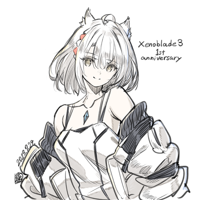 1girl animal_ears breasts camisole cat_ears chest_jewel jacket looking_at_viewer medium_breasts mio_(xenoblade) official_art saitou_masatsugu short_hair simple_background skirt smile solo tank_top upper_body white_camisole white_hair white_jacket white_skirt white_tank_top xenoblade_chronicles_(series) xenoblade_chronicles_3 yellow_eyes