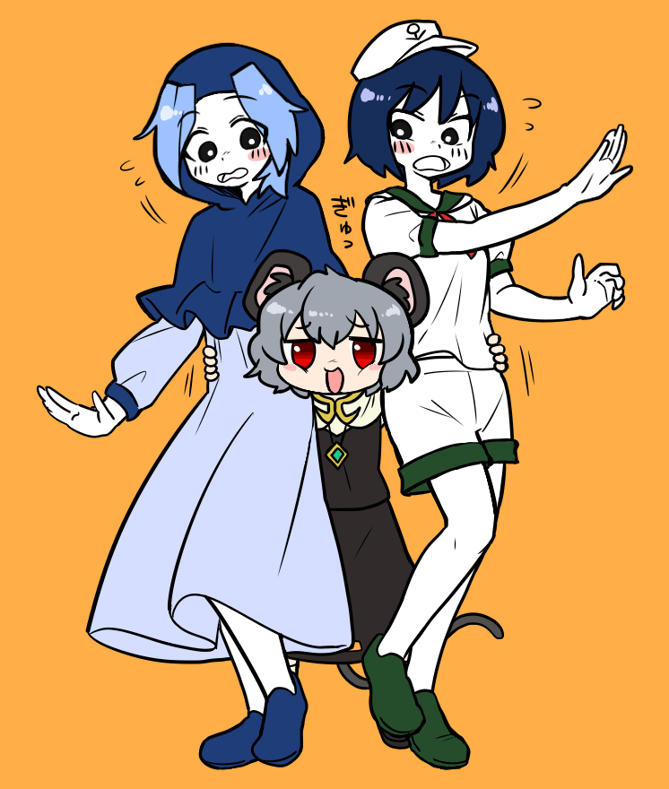 3girls anchor_symbol animal_ears black_eyes blue_dress blue_footwear blue_hair blue_hood blush bright_pupils bseibutsu colored_skin commentary_request cookie_(touhou) crystal dress flour_(cookie) full_body green_footwear grey_hair grey_skirt grey_vest hat hood hood_up jewelry kumoi_ichirin long_sleeves looking_at_another looking_at_viewer medium_bangs milk_(cookie) mouse_ears mouse_girl mouse_tail multiple_girls murasa_minamitsu nazrin neckerchief nyon_(cookie) open_mouth orange_background pendant red_eyes red_neckerchief sailor_collar sailor_hat sailor_shirt shirt shoes short_hair shorts simple_background skirt skirt_set smile standing tail touhou vest white_pupils white_shirt white_shorts white_skin