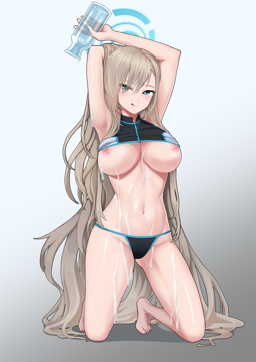 1girl :p armpits arms_up asuna_(blue_archive) asymmetrical_bangs barefoot bikini black_bikini blue_archive blue_eyes blue_halo bottle breasts full_body halo highres holding holding_bottle kneeling large_breasts light_brown_hair long_hair looking_at_viewer navel nipple_slip nipples pouring pouring_onto_self ralac simple_background solo sports_bikini swimsuit toes tongue tongue_out very_long_hair wet