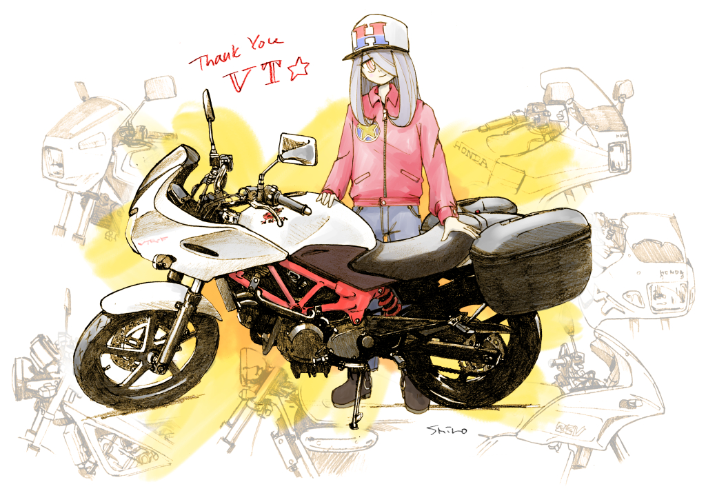 1girl alternate_costume baseball_cap english_text hat honda jacket light_smile little_witch_academia looking_at_viewer motor_vehicle motorcycle pants purple_hair red_eyes red_jacket red_pants shiro0909 signature solo standing star_(symbol) star_print sucy_manbavaran