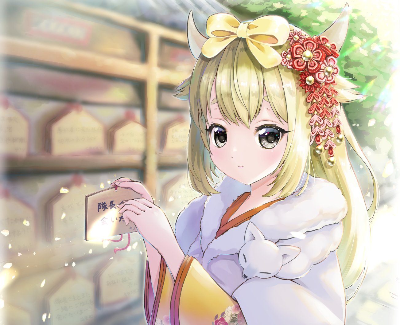 1girl blonde_hair bow_hairband cagasyo closed_mouth commentary_request cow_horns day ema eyelashes fake_horns fur_collar goou_yoshimitsu hair_flaps hair_ornament hairband holding_ema horns japanese_clothes kimono long_sleeves looking_at_viewer official_alternate_costume outdoors shrine sidelocks smile solo tenka_hyakken thick_eyebrows upper_body wide_sleeves yellow_eyes yellow_kimono