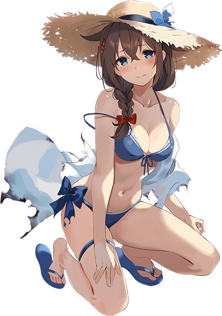 1girl barefoot bikini blue_bikini blue_eyes blush braid breasts brown_hair brown_headwear cleavage closed_mouth full_body hair_between_eyes hat jacket kantai_collection kujou_ichiso large_breasts long_hair looking_at_viewer official_art open_clothes open_jacket sandals shigure_(kancolle) shigure_kai_san_(kancolle) single_braid solo straw_hat swimsuit thigh_strap torn_jacket transparent_background white_jacket