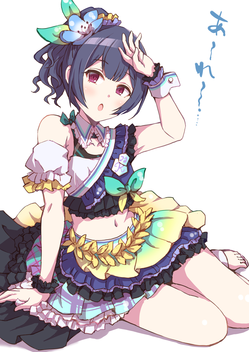 1girl arm_guards arm_support arm_up armpits bare_shoulders black_hair blue_flower blush collarbone crop_top cropped_shirt detached_collar flower frilled_shirt frilled_skirt frills hair_between_eyes hair_bun hair_flower hair_ornament hair_ribbon highres idolmaster idolmaster_shiny_colors layered_skirt looking_at_viewer midriff miniskirt morino_rinze multicolored_clothes multicolored_shirt multicolored_skirt navel open_mouth overskirt plaid plaid_skirt red_eyes ribbon sandals satomura_kyou scrunchie shirt short_hair simple_background single_wrist_cuff sitting skirt solo tress_ribbon white_background white_wrist_cuffs wrist_cuffs yokozuwari