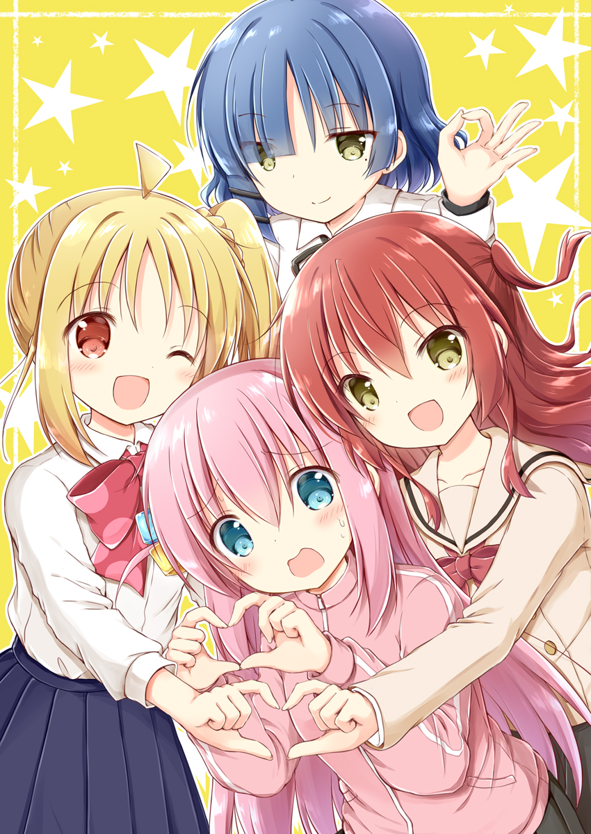 4girls :d ;d ahoge black_skirt blonde_hair blue_eyes blue_hair blue_skirt blush bocchi_the_rock! bow braid brown_eyes brown_sailor_collar brown_shirt closed_mouth collared_shirt commentary_request dress_shirt gotoh_hitori hair_between_eyes hair_ornament hairclip heart heart_hands heart_hands_duo highres ijichi_nijika jacket kita_ikuyo long_hair long_sleeves looking_at_viewer mole mole_under_eye multiple_girls nanase_miori ok_sign one_eye_closed one_side_up pink_hair pink_jacket pleated_skirt polka_dot polka_dot_bow red_bow red_eyes red_hair sailor_collar shirt side_ponytail simple_background skirt smile starry_background sweat track_jacket very_long_hair wavy_mouth white_shirt yamada_ryo yellow_background