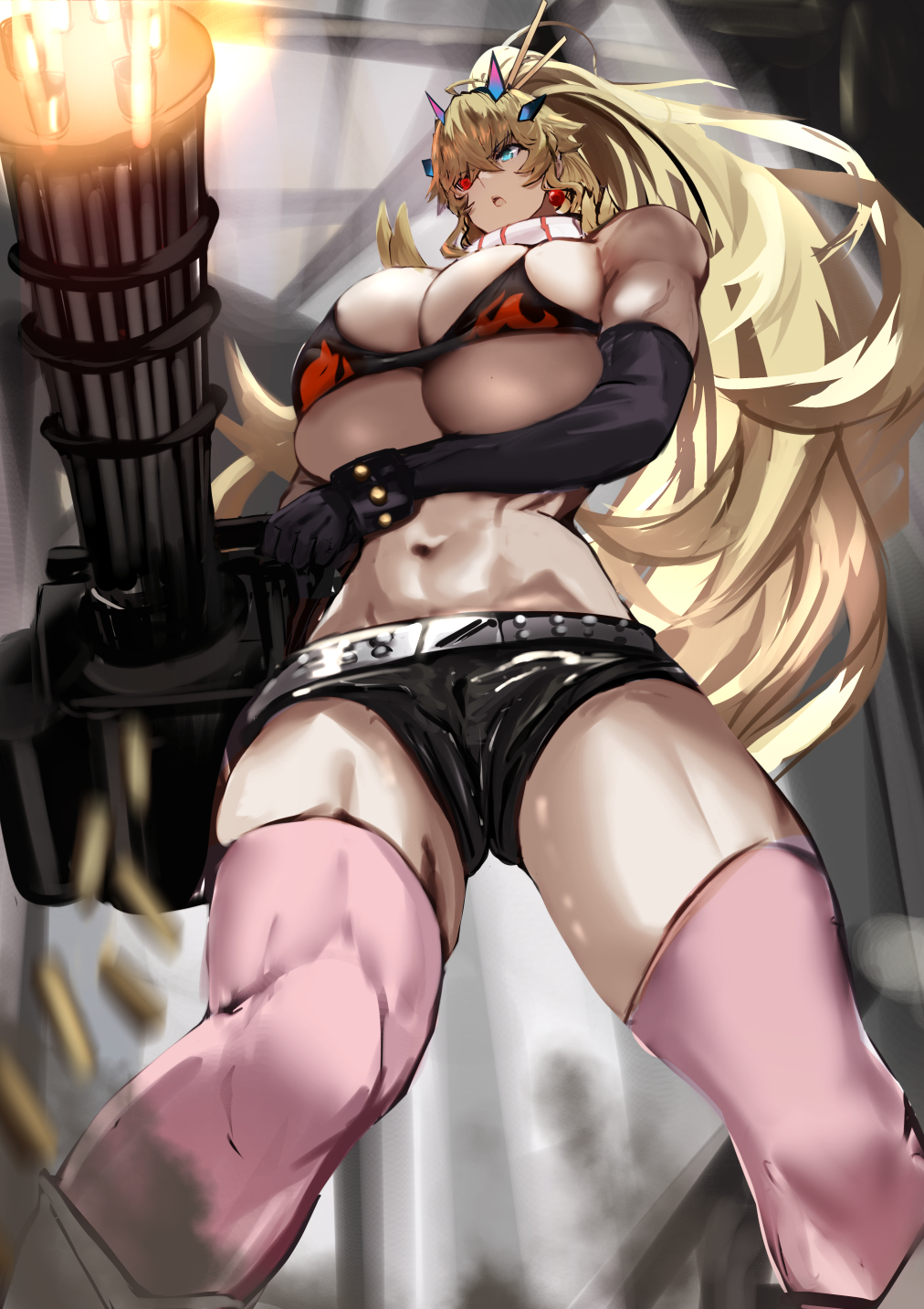 1girl abs bare_shoulders belt bikini black_bikini black_gloves black_shorts blonde_hair blue_eyes breasts cosplay earrings elbow_gloves fairy_knight_gawain_(fate) fate/grand_order fate_(series) flame_print gloves gun hair_ornament hairpin heterochromia highres horns huge_breasts jewelry jikihatiman long_hair machine_gun muscular muscular_female navel open_mouth pink_thighhighs ponytail red_eyes scarf shell_casing short_shorts shorts skindentation solo swimsuit tengen_toppa_gurren_lagann thick_thighs thighhighs thighs toned weapon white_scarf yoko_littner yoko_littner_(cosplay)