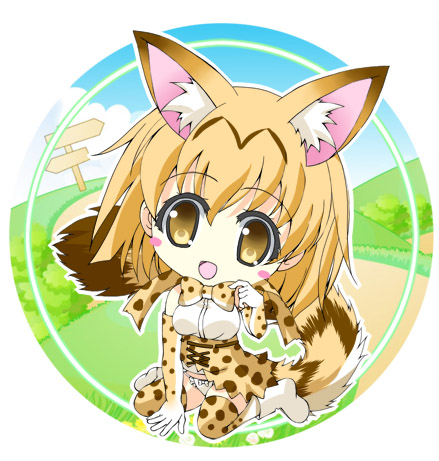 1girl animal_ears blush_stickers bow breasts brown_eyes cat_ears cat_girl cat_tail chibi commentary_request elbow_gloves gloves kemono_friends light_brown_hair lowres medium_breasts medium_hair microskirt open_mouth panties polka_dot polka_dot_bow polka_dot_legwear seiza serval_(kemono_friends) sign sitting skirt smile solo tail underwear white_panties yamamoto_kazue