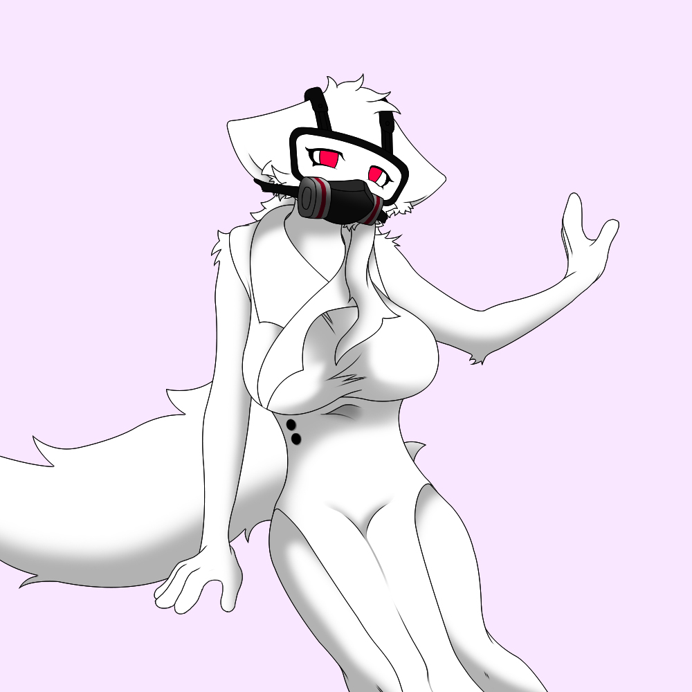 animal_humanoid canid canid_humanoid canine canine_humanoid canis changed_(video_game) clothing coat crossgender dr._k_(changed) female fur gas_mask humanoid ion_cannon_(artist) lab_coat mammal mammal_humanoid mask pink_background red_eyes simple_background solo topwear white_body white_clothing white_fur wolf wolf_humanoid