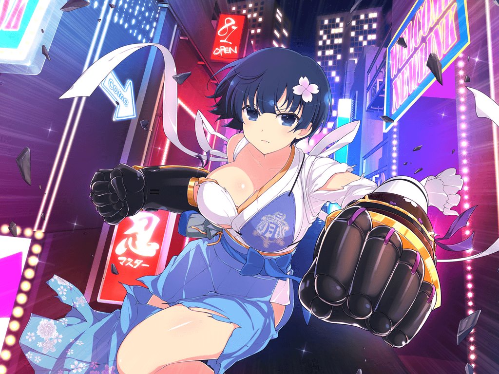 1girl arrow_(symbol) bar_(place) belt_pouch blue_bow blue_eyes blue_hair blue_hakama blunt_bangs blush bow bowl_cut breasts building city city_lights cleavage collarbone debris emblem floral_print flower frilled_kimono frills gauntlets hair_flower hair_ornament hakama incoming_attack incoming_punch japanese_clothes kimono large_breasts looking_at_viewer motion_lines muneate neon_lights night night_sky official_art outdoors pouch power_fist punching road senran_kagura senran_kagura_new_link senran_kagura_shinovi_versus short_hair sign sky skyline skyscraper solo sparkle street torn_clothes torn_hakama torn_kimono vanishing_point waist_bow white_kimono yaegashi_nan yozakura_(senran_kagura)