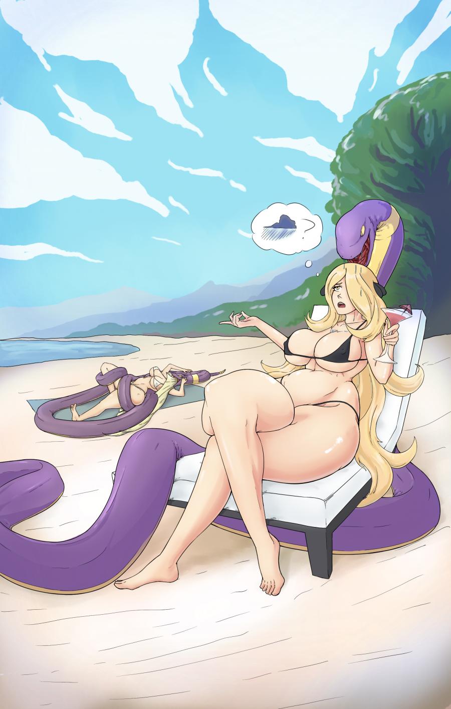 ambiguous_gender beach big_breasts blonde_hair breasts coiling container cup cynthia_(pokemon) drinking_glass ekans female feral generation_1_pokemon glass glass_container glass_cup group hair hi_res human imminent_vore lusamine_(pokemon) mammal neural nintendo pokemon pokemon_(species) pokemon_champion reptile scalie seaside snake vore wine_glass