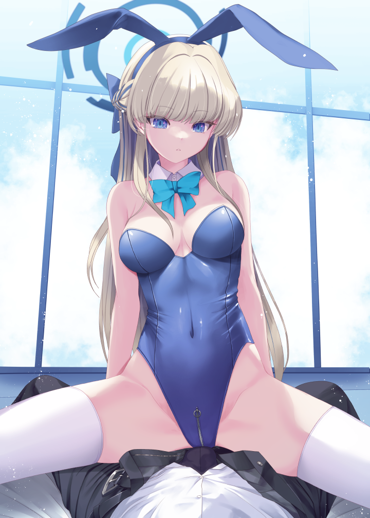 1boy 1girl animal_ears aqua_bow aqua_bowtie bare_shoulders blonde_hair blue_archive blue_bow blue_bowtie blue_eyes blue_hairband blue_leotard blush bow bowtie breasts cleavage covered_navel crotch_zipper detached_collar fake_animal_ears girl_on_top hairband halo highleg highleg_leotard kirishima_satoshi leotard long_hair looking_at_viewer medium_breasts official_alternate_costume parted_lips playboy_bunny pov rabbit_ears sitting sitting_on_person solo_focus spread_legs straddling strapless strapless_leotard thighhighs toki_(blue_archive) toki_(bunny)_(blue_archive) white_thighhighs zipper