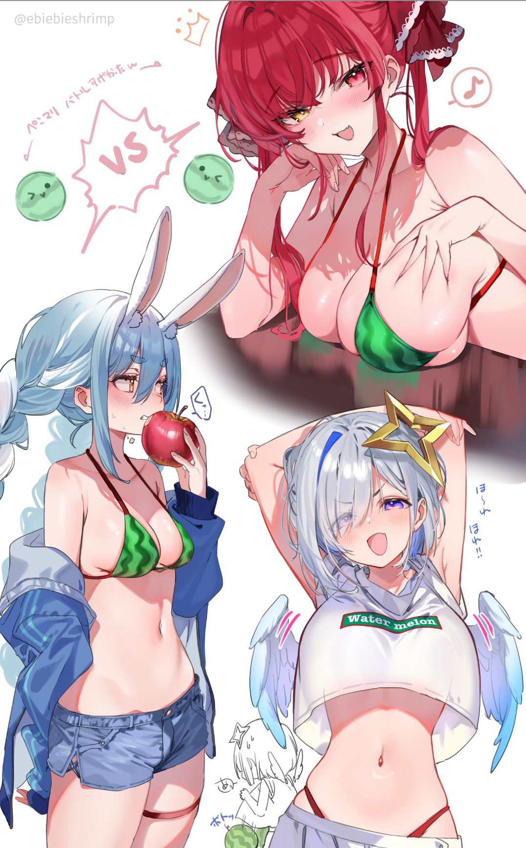 3girls amane_kanata angel_wings animal_ears apple bikini blue_hair braid breast_envy breast_padding breasts commentary eating food fruit grey_hair halo heterochromia highres holding holding_food holding_fruit hololive houshou_marine large_breasts long_hair looking_at_viewer midriff multicolored_hair multiple_girls navel open_mouth purple_eyes rabbit_ears rabbit_girl red_eyes red_hair short_shorts shorts shuri_(84k) simple_background skindentation smile star_halo streaked_hair swimsuit symbol-only_commentary thick_eyebrows twin_braids usada_pekora virtual_youtuber watermelon white_background wings yellow_eyes