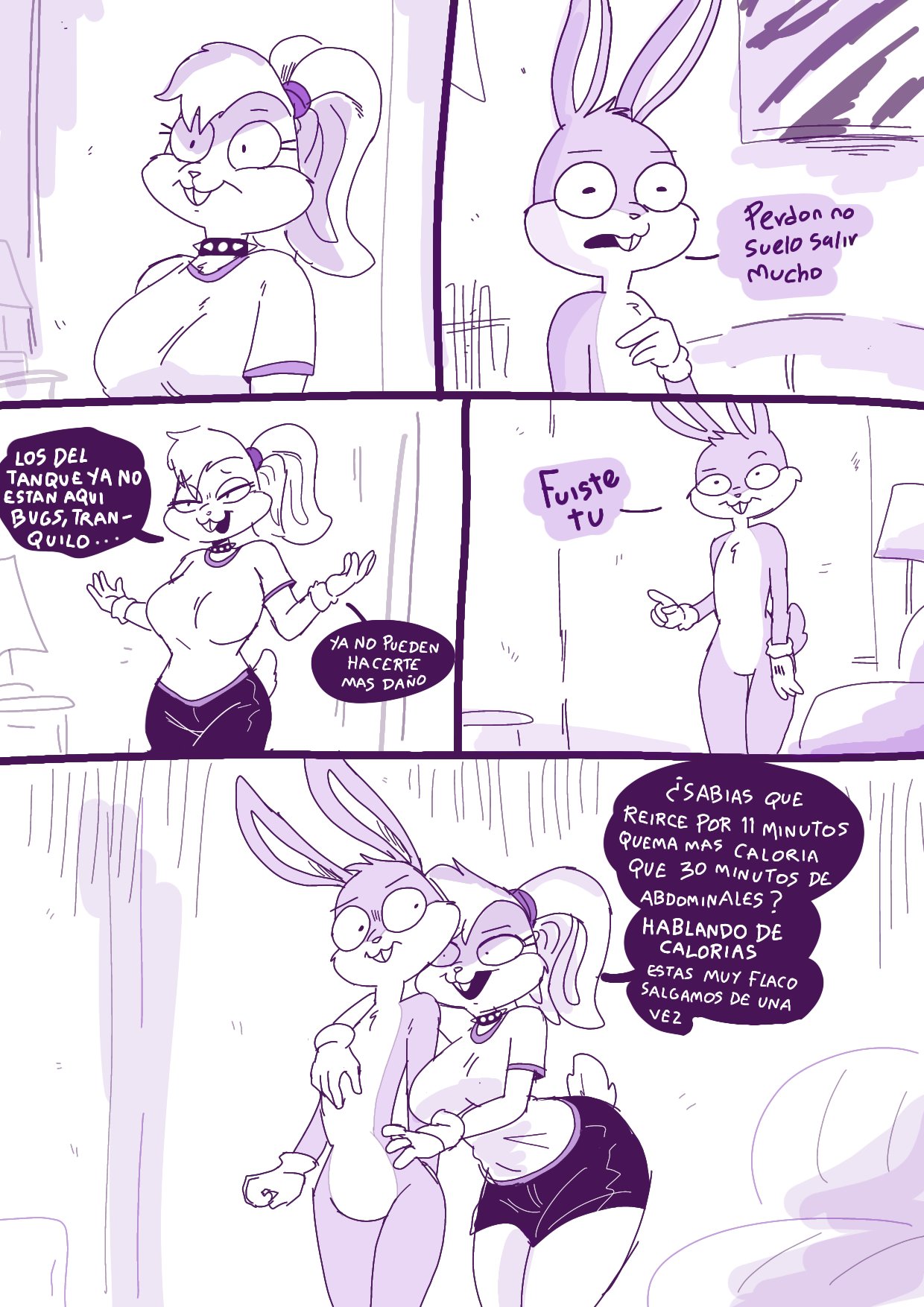 anthro bottomwear breasts buckteeth bugs_bunny clothing collar comic dialogue duo female gloves handwear hi_res lagomorph leporid lola_bunny looney_tunes male mammal monochrome rabbit renita_reed scut_tail shirt short_tail shorts simple_background spanish_text speech_bubble spiked_collar spikes tail teeth text topwear warner_brothers white_background