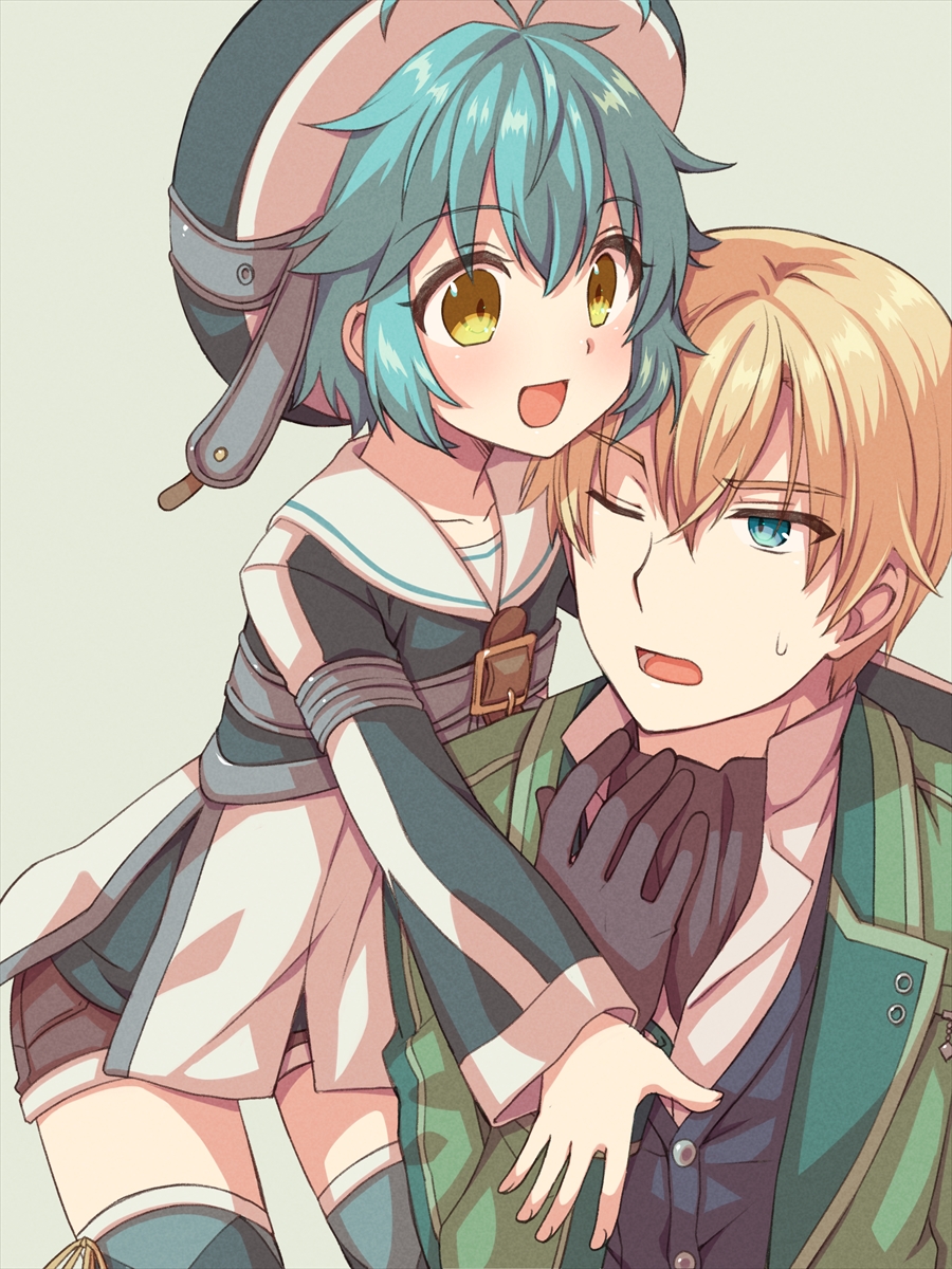 1boy 1girl :d antenna_hair black_gloves blonde_hair blue_eyes blue_hair blue_thighhighs blush brown_shorts chihiro_(chihiro3399) commentary_request cowboy_shot eiyuu_densetsu eyes_visible_through_hair frown gloves green_jacket hair_between_eyes happy heads_together highres hug jacket jusis_albarea long_sleeves looking_at_another millium_orion one_eye_closed open_clothes open_jacket open_mouth outstretched_arms sailor_collar sen_no_kiseki sen_no_kiseki_iii short_hair shorts smile spiked_hair sweatdrop tareme thighhighs upper_body white_sailor_collar yellow_eyes