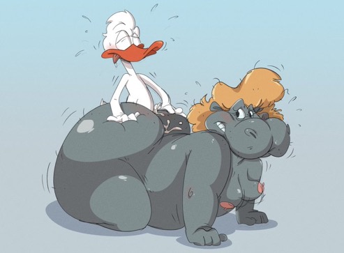airplane_jane all_fours anatid anseriform anthro avian bird blonde_hair bodily_fluids breasts butt butt_grab common_hippopotamus crossover cum disney duck ducktales duo eyes_closed female fenton_crackshell from_behind_position genital_fluids hair hand_on_butt hippopotamid jodero low_res male male/female mammal sex size_difference talespin tongue tongue_out