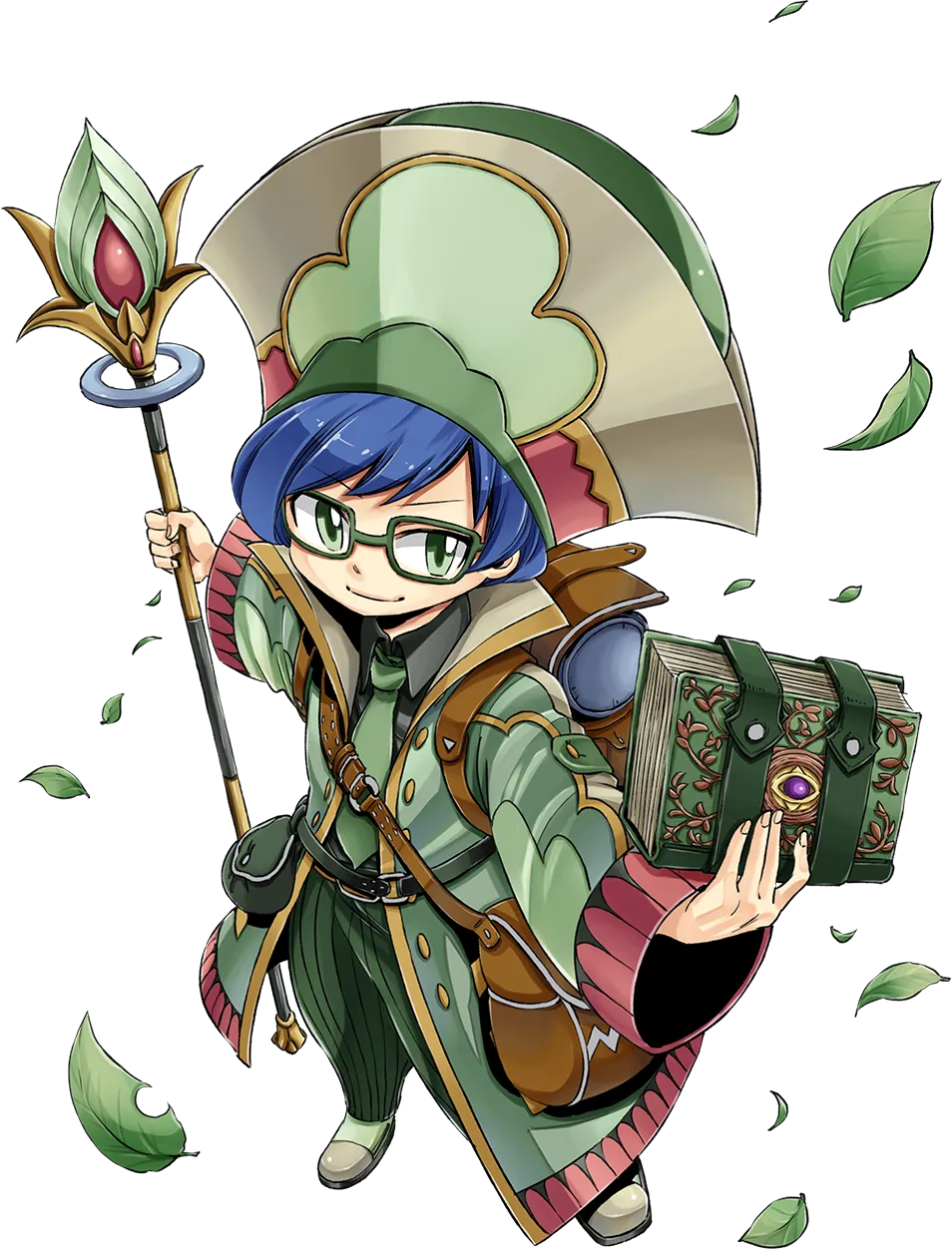 1boy backpack bag blue_hair book brown_bag collared_shirt falling_leaves full_body gate_of_nightmares glasses green_eyes green_headwear green_jacket green_necktie green_pants green_shirt hat highres holding holding_book holding_staff jacket leaf looking_at_viewer mashima_hiro necktie official_art open_clothes open_jacket pants rectangular_eyewear shirt shoes short_hair shoulder_bag simple_background solo staff tom_casa_(gate_of_nightmares) transparent_background