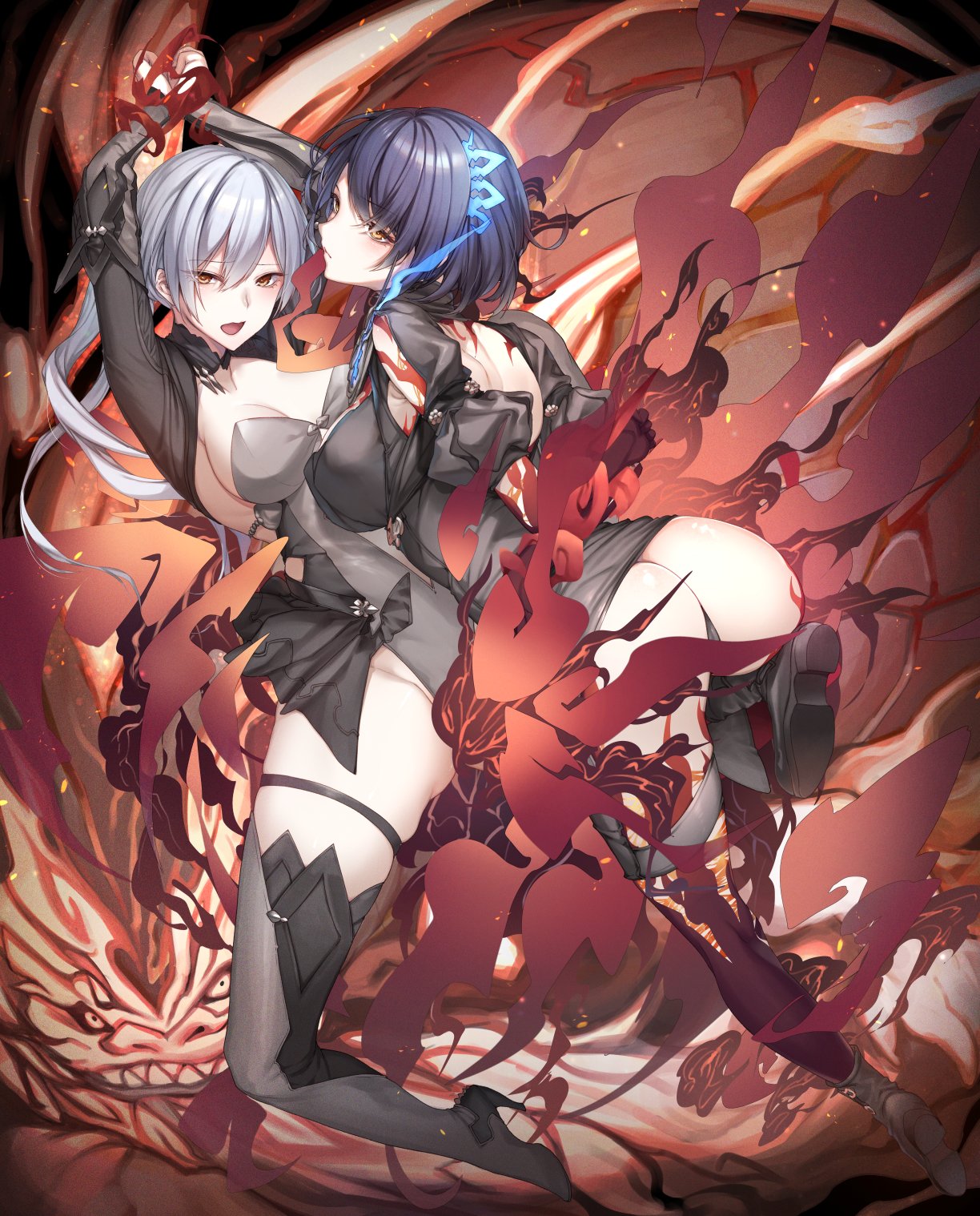 alice_(sinoalice) ass blue_hair blush boots bound bound_arms breasts closed_mouth fire gloves hair_ornament half-nightmare high_heels highres large_breasts legband leotard lion long_hair looking_at_viewer looking_to_the_side medium_breasts open_mouth orange_eyes panties ponytail sinoalice snow_white_(sinoalice) spirit tattoo teroru thigh_boots thighhighs underwear white_hair yuri