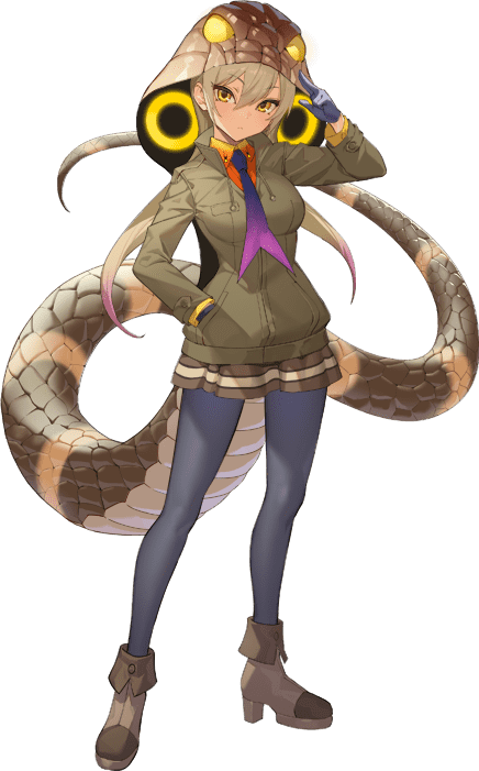 1girl blonde_hair boots closed_mouth game_cg gloves hood hoodie kemono_friends kemono_friends_kingdom king_cobra_(kemono_friends) lamia long_hair looking_at_viewer monster_girl necktie official_art pantyhose shirt skirt slit_pupils snake_tail solo tachi-e tail transparent_background yellow_eyes