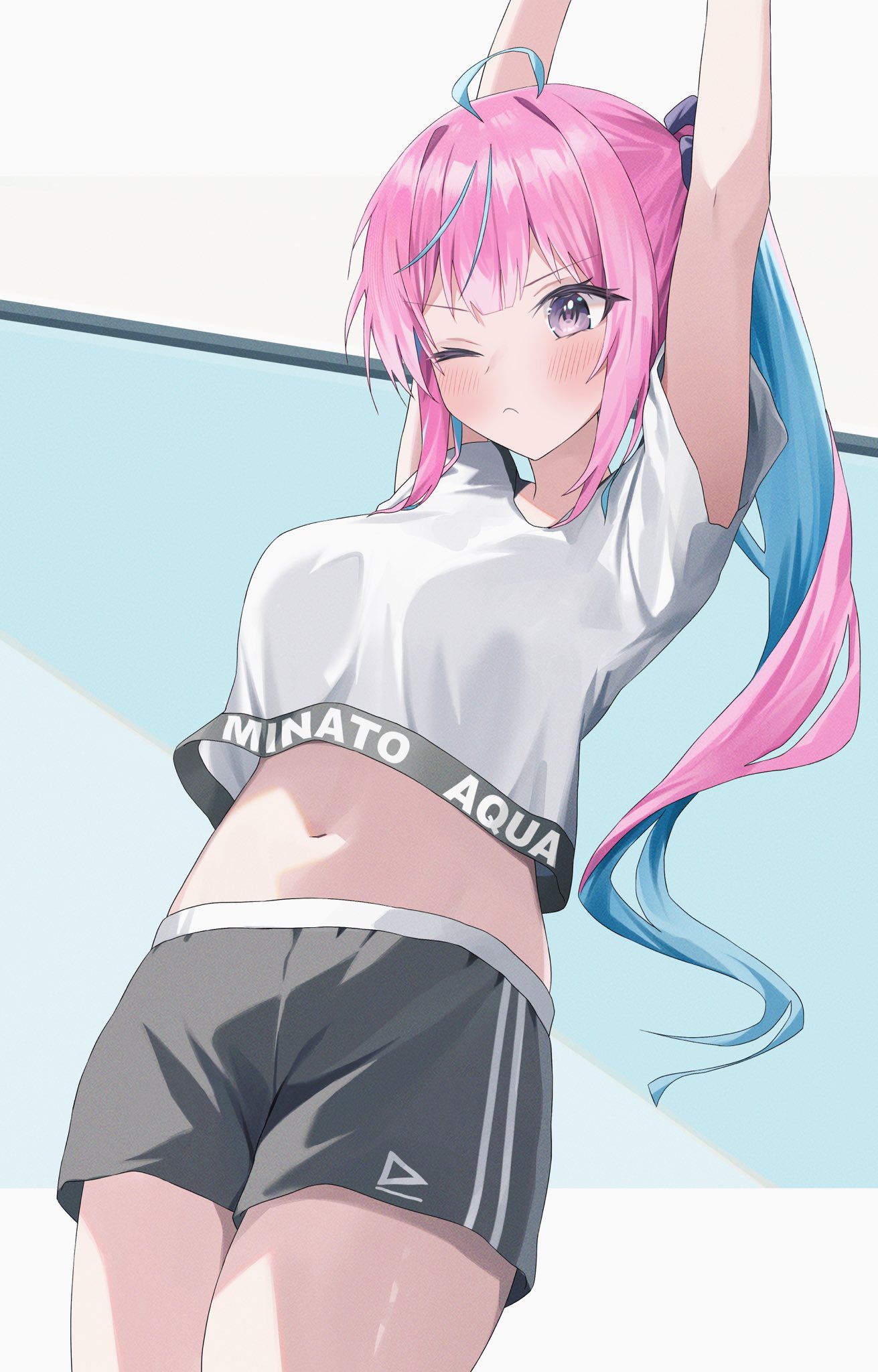 1girl arms_up blue_hair blush breasts colored_inner_hair cowlick crop_top english_text from_below gym_shorts highres hololive hololive_dance_practice_uniform large_breasts long_hair midriff minato_aqua multicolored_hair navel nel_dcm official_alternate_costume one_eye_closed pink_hair purple_eyes shirt shorts side_ponytail streaked_hair stretching t-shirt two-tone_hair virtual_youtuber white_shirt