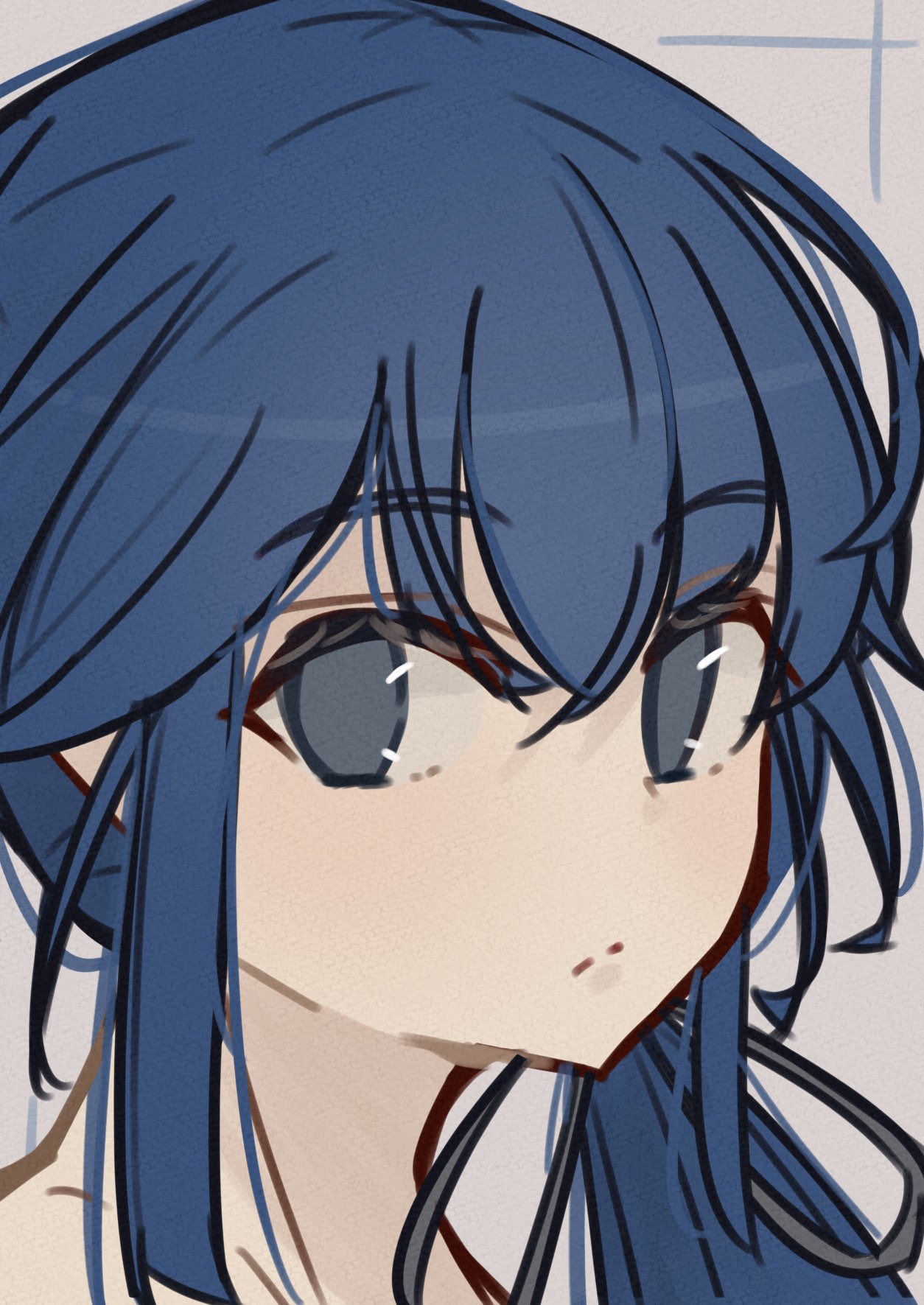 1girl :/ assault_lily black_ribbon blue_eyes closed_mouth commentary grey_background grey_eyes hair_between_eyes hair_ribbon hayami_katsura highres long_hair looking_at_viewer low_ponytail meme_(lm0009aetklim) no_pupils portrait ribbon side_ponytail sidelocks simple_background solo