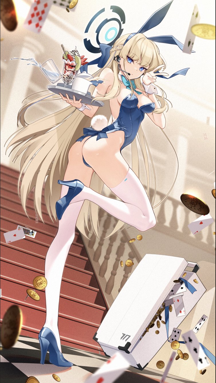 1girl animal_ears aqua_bow aqua_bowtie bare_shoulders blonde_hair blue_archive blue_bow blue_bowtie blue_eyes blue_hairband blue_leotard bow bowtie braid breasts briefcase card cluseller coin detached_collar earpiece fake_animal_ears fake_tail hairband halo high_heels highleg highleg_leotard highres holding holding_plate leg_up leotard long_hair medium_breasts milk multicolored_hair official_alternate_costume parfait plate playboy_bunny playing_card rabbit_ears rabbit_tail solo spilling stairs stairwell strapless strapless_leotard streaked_hair tail thighhighs toki_(blue_archive) toki_(bunny)_(blue_archive) v water white_thighhighs white_wrist_cuffs wrist_cuffs