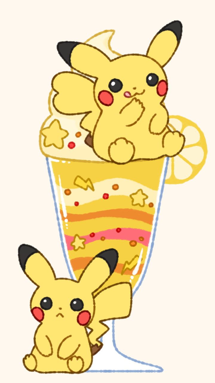 :&lt; :3 animal_focus black_eyes blush_stickers closed_mouth commentary_request cream cup dessert drinking_glass flat_color food food_focus fruit full_body hand_to_own_mouth hand_up happy highres ice_cream lemon lemon_slice licking_lips muguet no_humans parfait pikachu pokemon pokemon_(creature) simple_background sitting smile star_(symbol) tongue tongue_out yellow_background