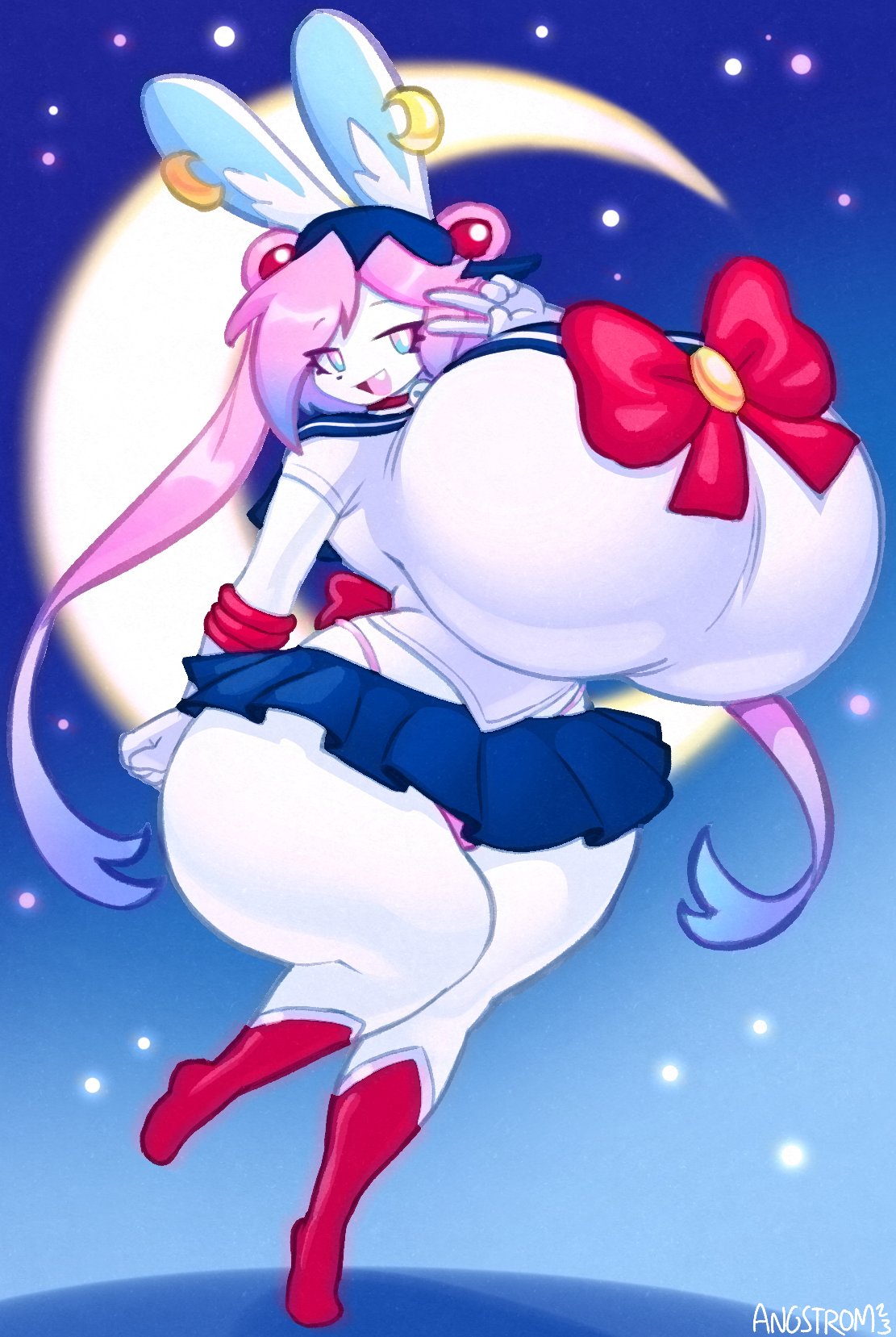 angstrom big_breasts big_butt breast_implants breasts butt clothed clothing cosplay costume crescent_(shape) crescent_moon crossdressing hi_res huge_breasts hyper hyper_breasts lagomorph leporid male male_(lore) mammal moon pb_(theycallhimcake) rabbit sailor_moon_(series) simple_background solo thick_thighs