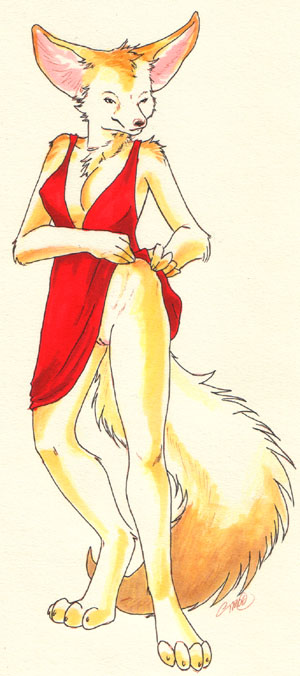 2008 anthro barefoot big_ears biped canid canine claws clothed clothing feet female fox fur genitals mammal natural_media no_underwear partially_clothed pussy simple_background solo tail toe_claws toes uaykan