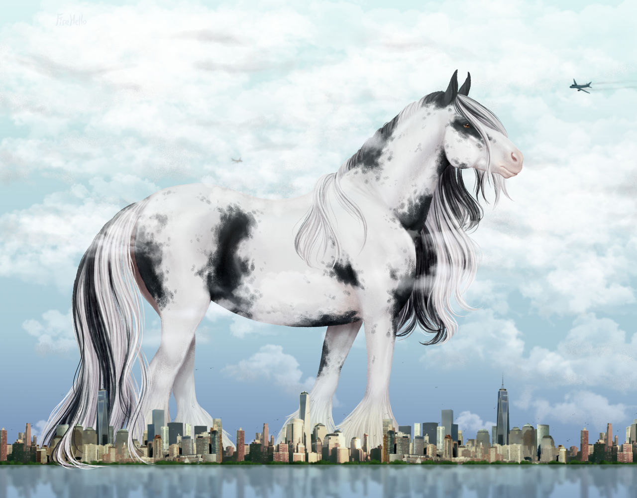 aircraft airliner airplane ambiguous_gender apartment_building building city cloud equid equine equine_tail feathering feral fihell fur gypsy_horse horse irish_cob long_mane long_tail macro mammal pink_snout sea seaside skyscraper solo spots spotted_body spotted_fur tail water