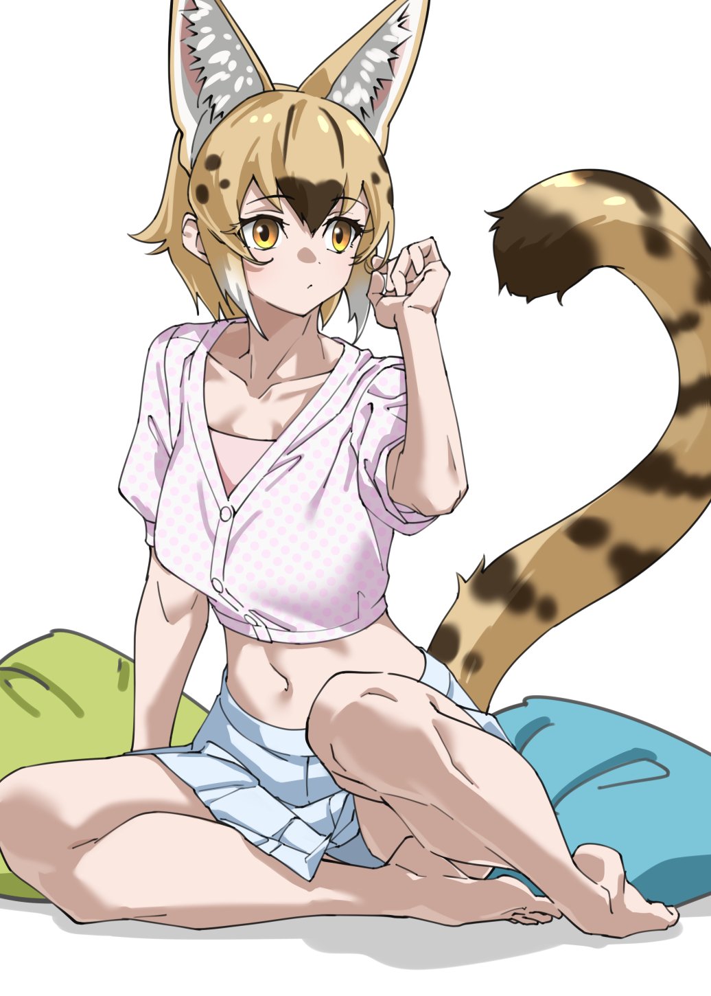 1girl animal_ears bare_legs barefoot blonde_hair blue_skirt brown_hair cat_ears cat_girl cat_tail commentary_request extra_ears hair_between_eyes highres kemono_friends midriff multicolored_hair navel pillow pleated_skirt polka_dot polka_dot_shirt serval_(ex4)_(kemono_friends) serval_print shirt short_sleeves sidelocks sitting skirt solo tail tanabe_(fueisei) white_shirt yellow_eyes