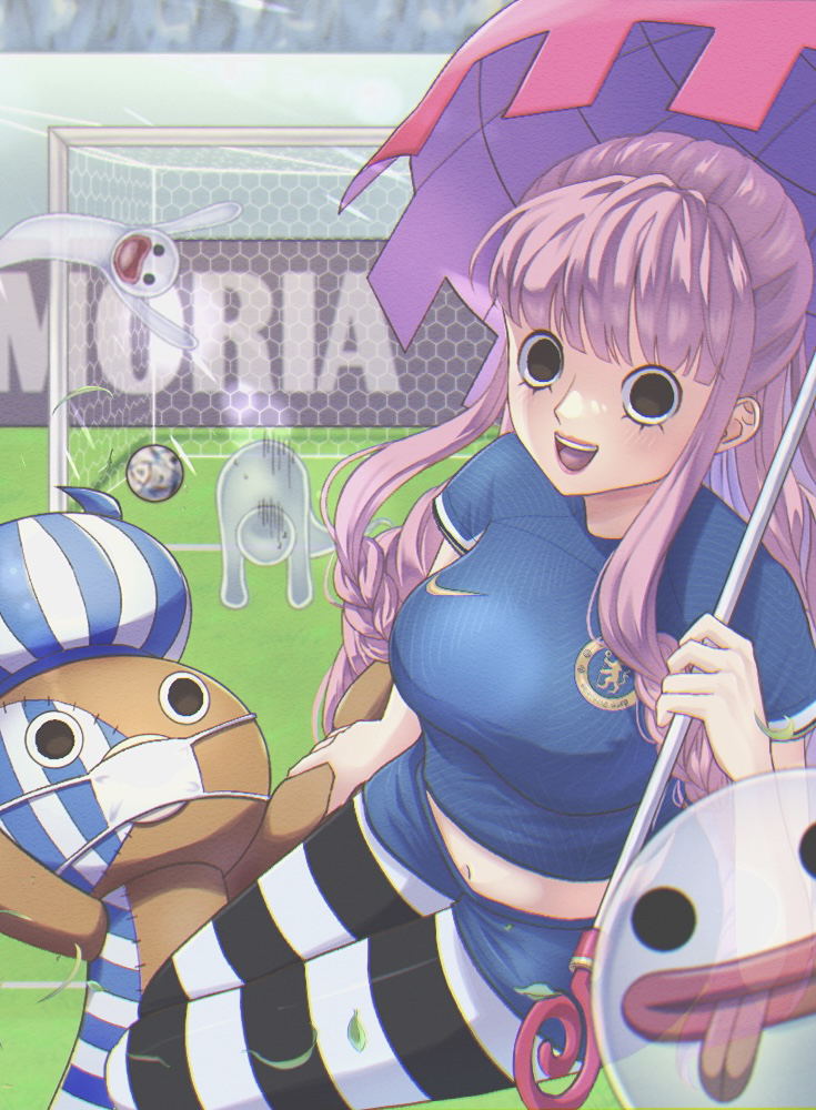 1girl alternate_costume ball black_eyes black_thighhighs blue_shirt blue_shorts braid breasts character_name dress ghost goal grass holding holding_stuffed_toy holding_umbrella hukukame kumacy large_breasts legs_together long_hair looking_at_viewer midriff navel one_piece open_mouth outdoors parasol perona pink_hair shirt short_sleeves shorts soccer soccer_ball soccer_field soccer_uniform sportswear striped striped_thighhighs stuffed_animal stuffed_toy thighhighs tongue tongue_out umbrella very_long_hair