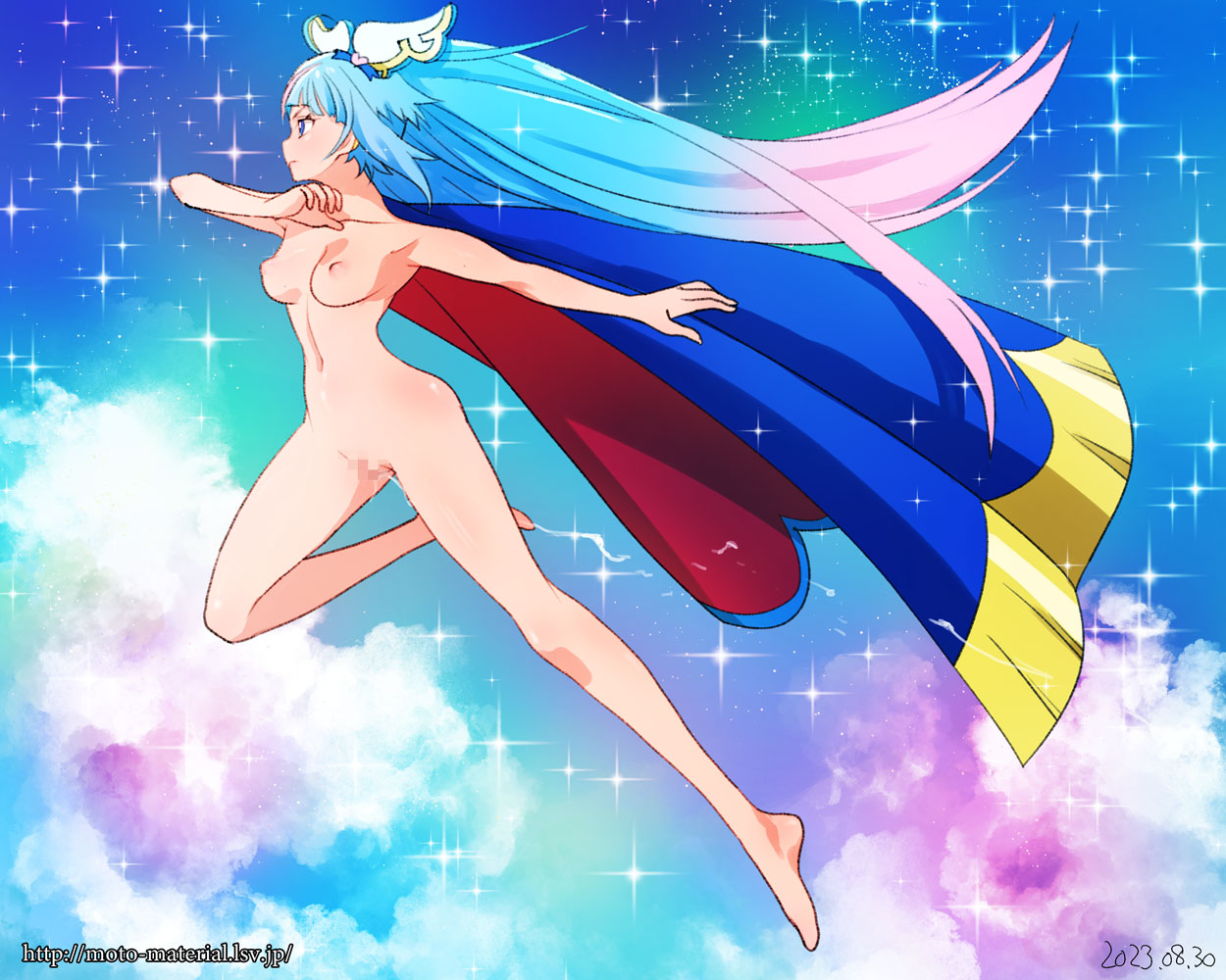 1girl above_clouds barefoot blue_cape blue_eyes blue_hair breasts cape censored closed_mouth cloud completely_nude cure_sky cut_bangs english_commentary from_side frown ginko_(silver_fox) gradient_hair hirogaru_sky!_precure jumping leg_up long_hair medium_breasts mixed-language_commentary multicolored_hair navel nipples nude outdoors pink_hair precure pussy red_cape single_sidelock sky solo sora_harewataru star_(sky) starry_sky two-sided_cape two-sided_fabric very_long_hair web_address wing_hair_ornament
