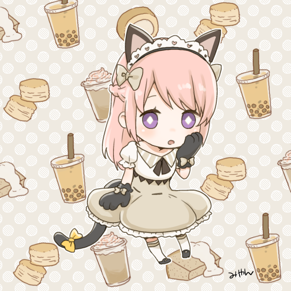 1girl animal_ears animal_hands black_gloves blush bow bread brown_bow brown_skirt bubble_tea cat_tail character_request chibi coffee commentary_request diamond-shaped_pupils diamond_(shape) expressionless fake_animal_ears fake_tail food full_body glove_bow gloves hair_bow hand_on_own_face headdress long_hair looking_at_viewer medium_bangs miyan_(shamigame) open_mouth pancake paw_gloves pink_hair purple_eyes ragnarok_masters ragnarok_online shirt skirt socks solo souffle_pancake symbol-shaped_pupils tail whipped_cream white_shirt white_socks