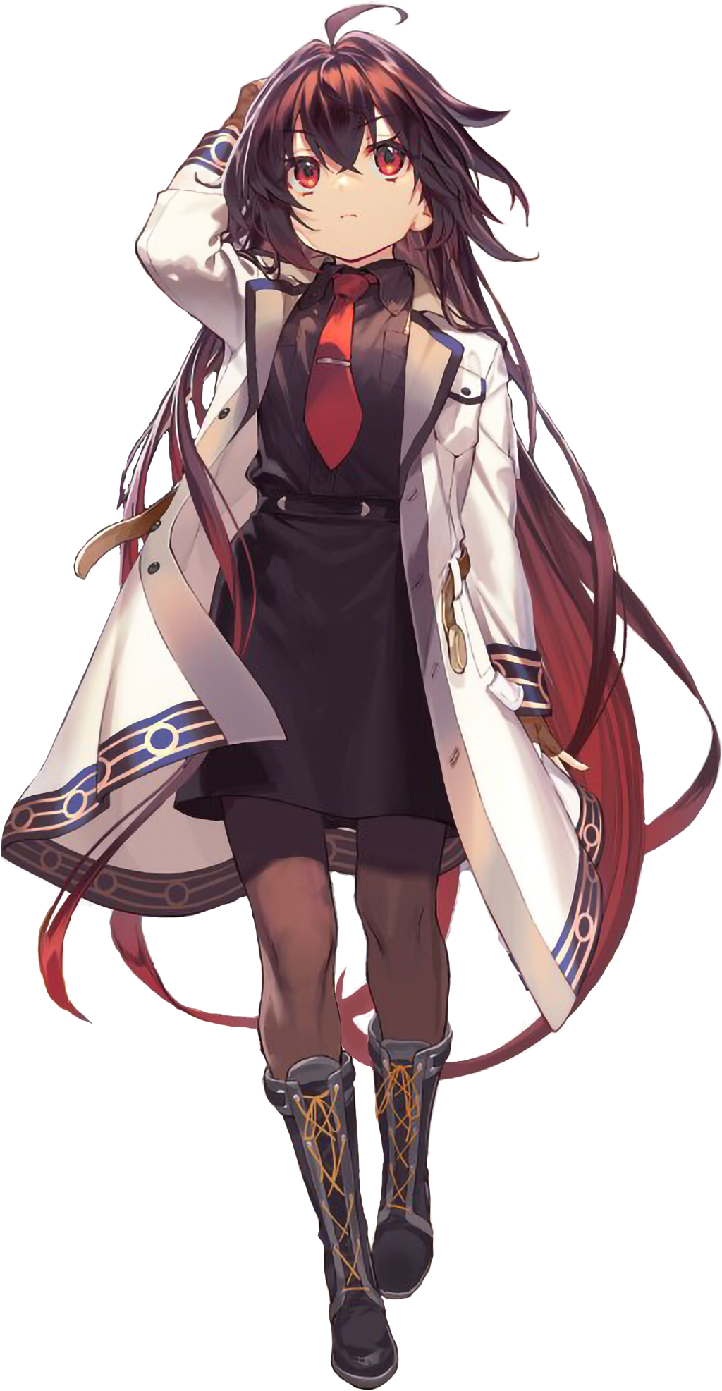 86_-eightysix- black_footwear black_hair black_shirt black_skirt boots brown_pantyhose frederica_rosenfort highres jacket long_hair necktie pantyhose red_eyes red_necktie shirabi shirt skirt tie_clip transparent_background white_jacket