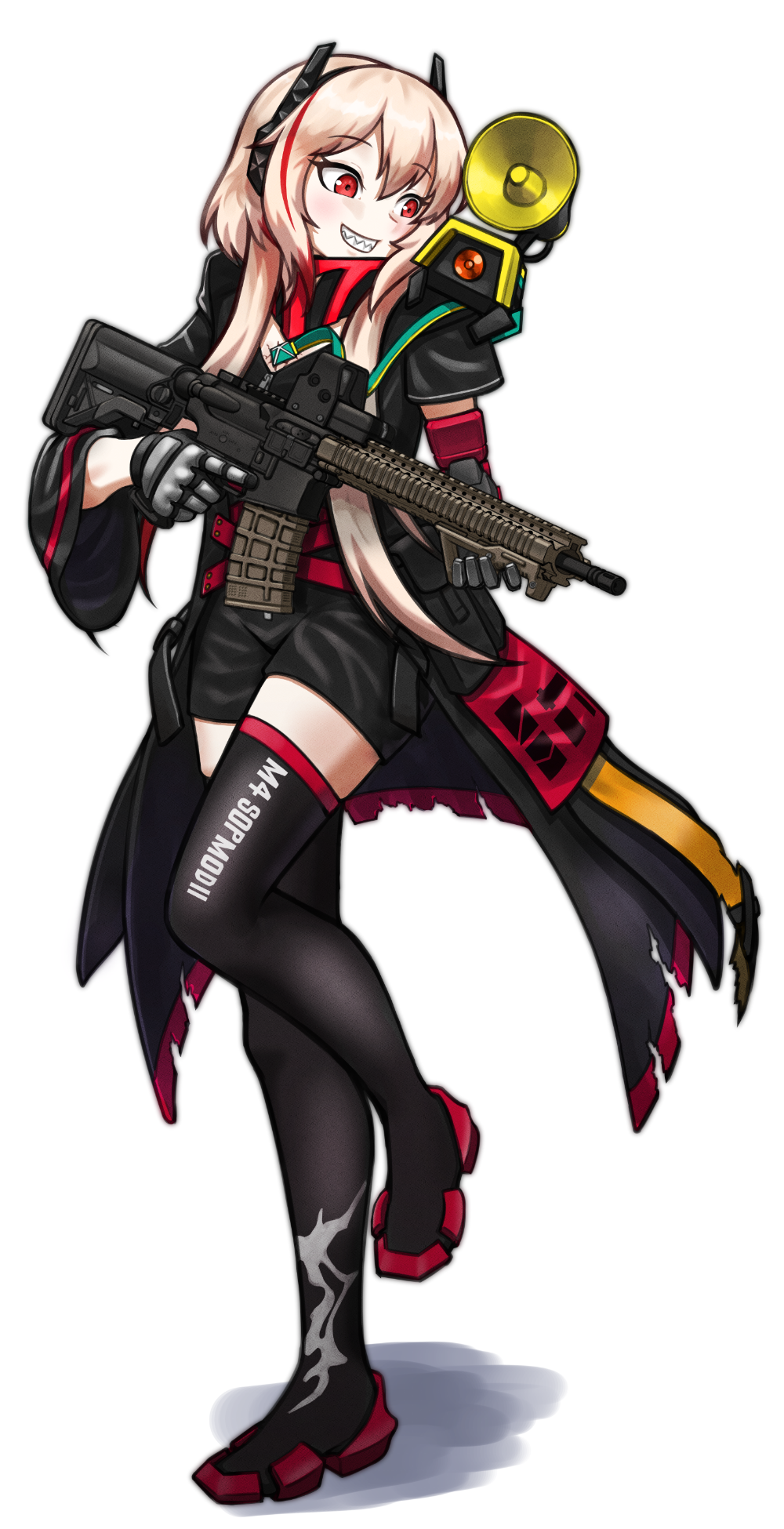 1girl ammunition_pouch android angled_foregrip assault_rifle banana_(girls'_frontline) black_coat black_shirt black_shorts black_thighhighs blonde_hair character_name coat full_body girls'_frontline gloves grin gun hair_between_eyes headband highres holding holding_weapon long_hair long_sleeves looking_at_another m4_carbine m4_sopmod_ii_(girls'_frontline) mechanical_arms megaphone missileer mod3_(girls'_frontline) multicolored_hair non-humanoid_robot pouch red_eyes red_footwear red_hair rifle robot sharp_teeth shirt short_sleeves shorts sight simple_background single_glove single_mechanical_arm sitting_on_shoulder smile streaked_hair teeth thighhighs very_long_hair weapon