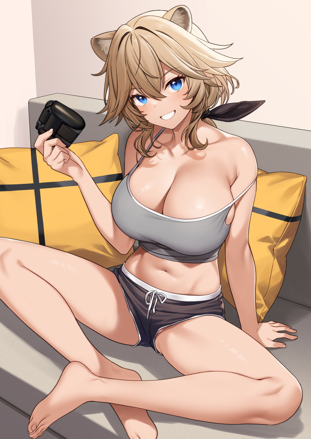 1girl animal_ears arm_support bare_arms bare_legs bare_shoulders barefoot black_shorts blonde_hair blue_eyes breasts camisole cleavage collarbone controller couch crop_top dolphin_shorts drawstring game_controller grey_shirt grin hand_up highres holding indian_style large_breasts lion_ears long_hair looking_at_viewer low_ponytail midriff navel on_couch original pillow shirt short_shorts shorts sitting skindentation sleeveless sleeveless_shirt smile solo spaghetti_strap stomach strap_slip takunomi thighs