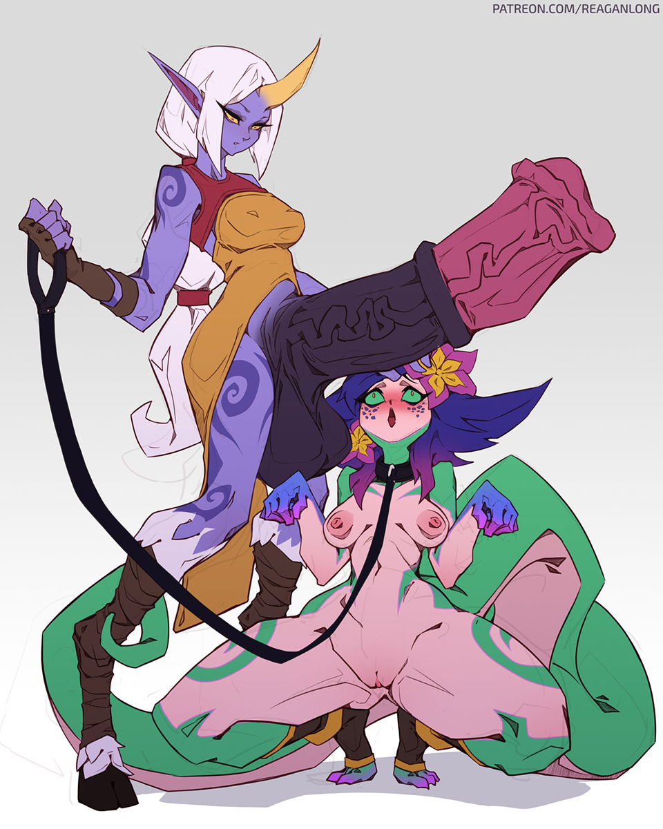 2girls :o animal_penis bare_shoulders breasts brown_gloves colored_sclera colored_skin dress fingerless_gloves flower futa_with_female futanari gigantic_penis gigantic_testicles gloves green_sclera green_skin hair_flower hair_ornament highres holding holding_leash hooves horns horse_penis league_of_legends leash long_hair looking_down looking_up medium_breasts multiple_girls neeko_(league_of_legends) nipples orange_dress penis pink_flower pink_hair pointy_ears ponytail purple_hair purple_skin pussy reagan_long simple_background single_horn soraka_(league_of_legends) squatting standing tail testicles tongue veins veiny_penis white_hair