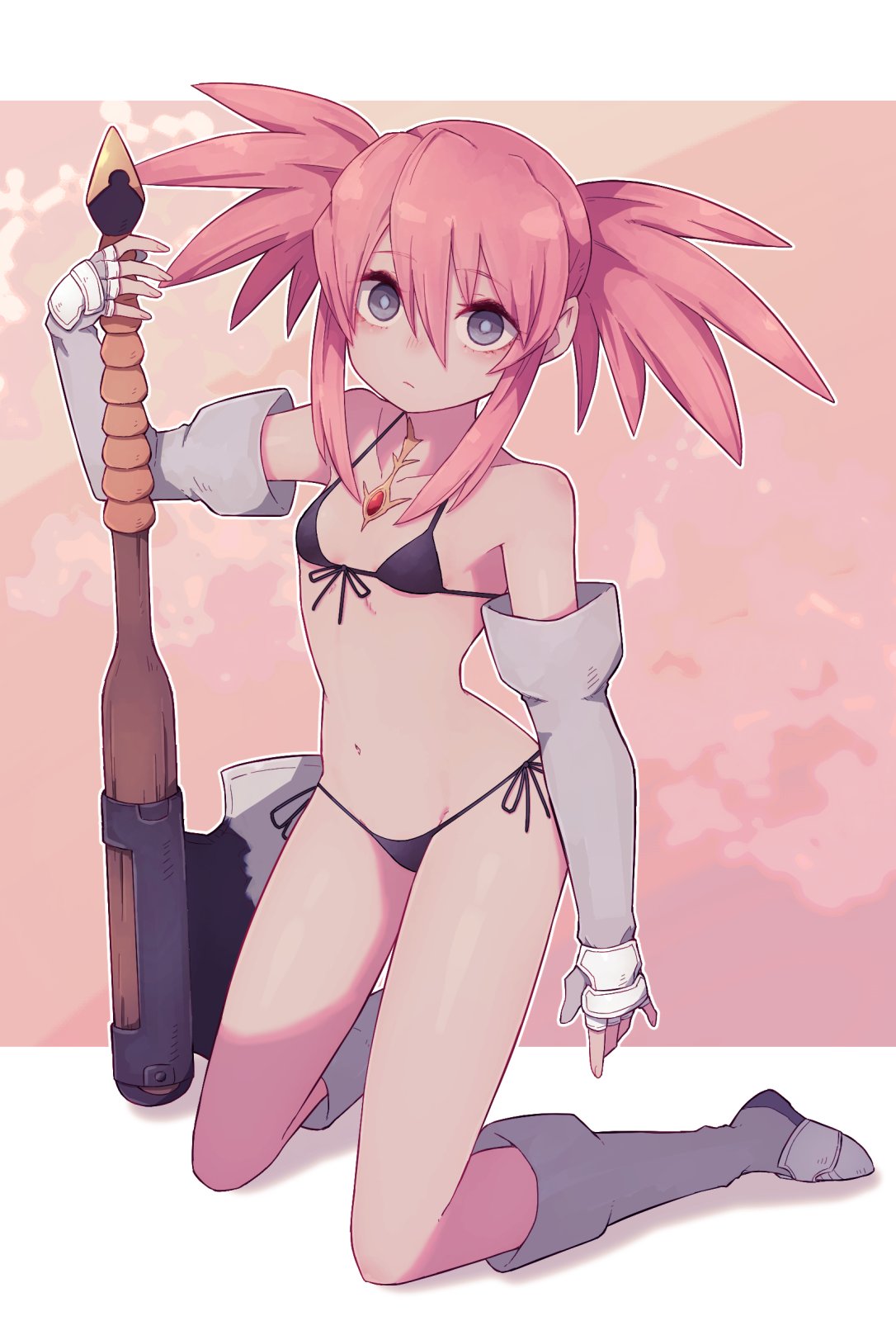 1girl axe bikini black_bikini blue_eyes boots breasts closed_mouth commentary_request elbow_gloves expressionless full_body gloves hair_between_eyes highres holding holding_axe lamb-oic029 long_hair looking_at_viewer navel pink_hair presea_combatir side-tie_bikini_bottom sidelocks solo swimsuit tales_of_(series) tales_of_symphonia twintails weapon