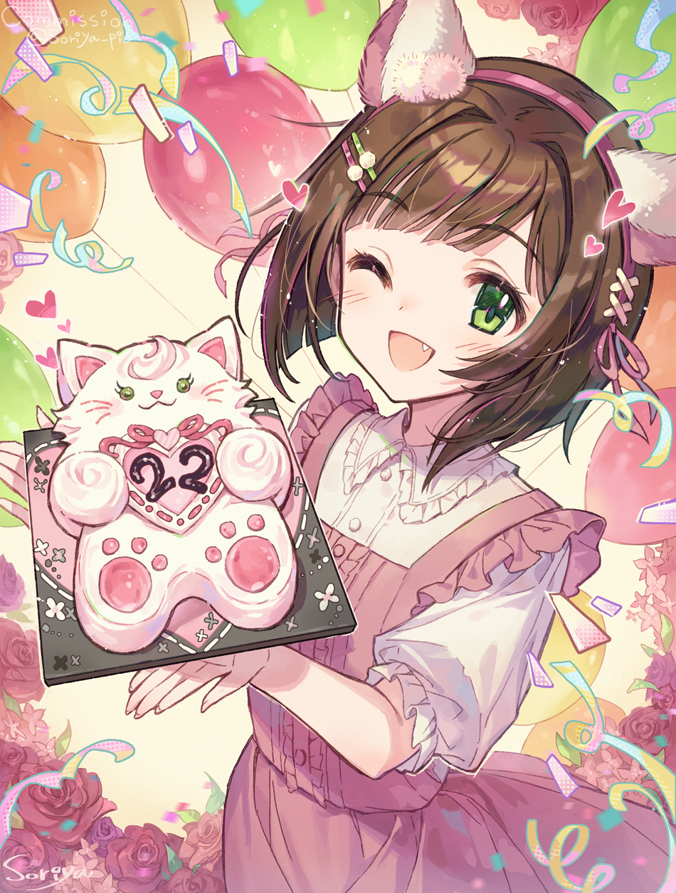 1girl animal_ears artist_name balloon brown_hair cake cat_ears collar collared_shirt commission confetti dress fake_animal_ears fang flower food frilled_collar frilled_dress frills green_eyes hair_ornament hairband hairpin heart highres holding holding_cake holding_food idolmaster idolmaster_cinderella_girls maekawa_miku medium_hair one_eye_closed open_mouth pink_dress puffy_short_sleeves puffy_sleeves red_flower red_rose rose shirt short_sleeves signature solo soriya twitter_username white_shirt